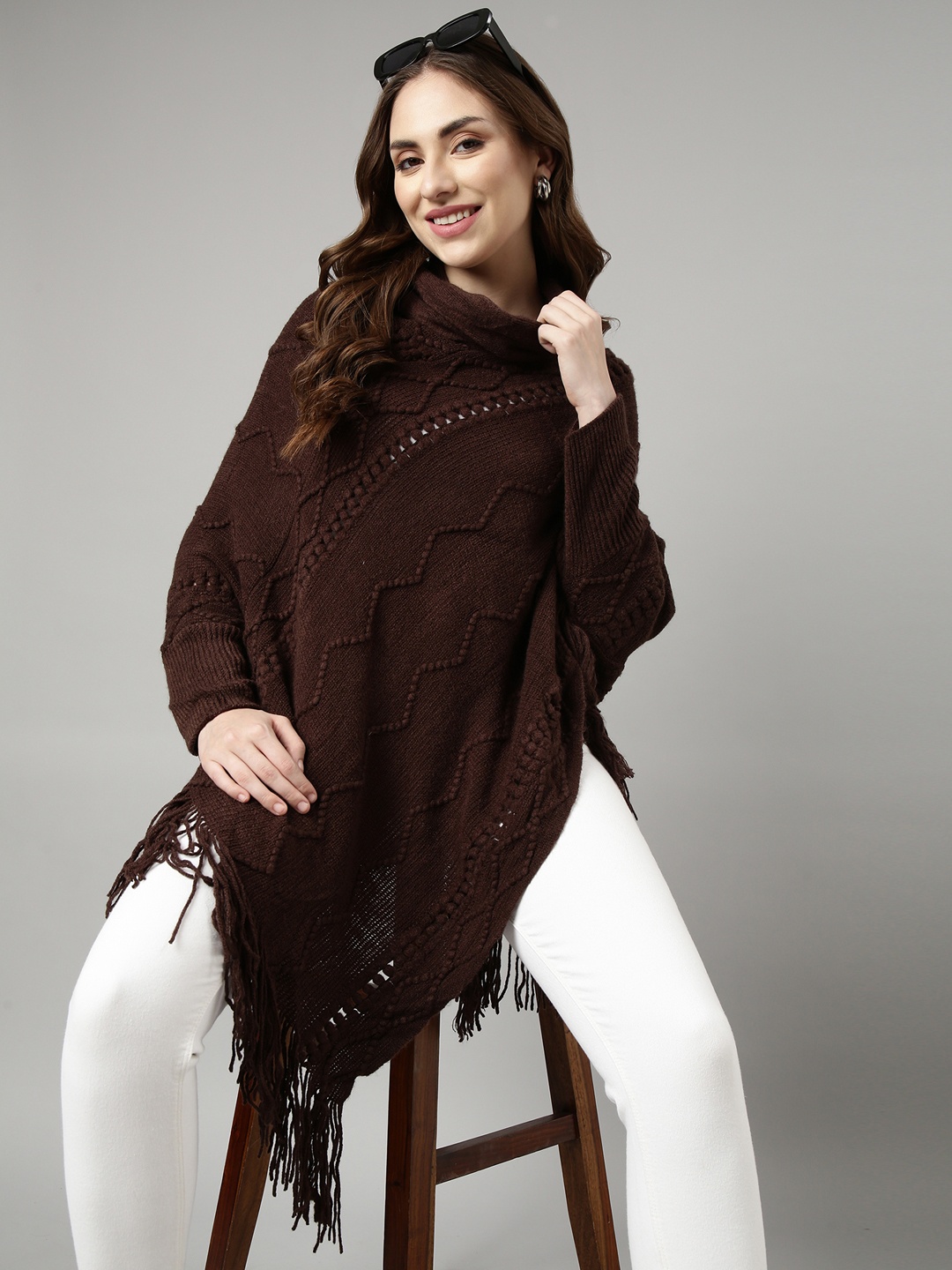 

SHOWOFF Turtle Neck Long Sleeves Chevron Longline Poncho with Fringed Detail, Brown