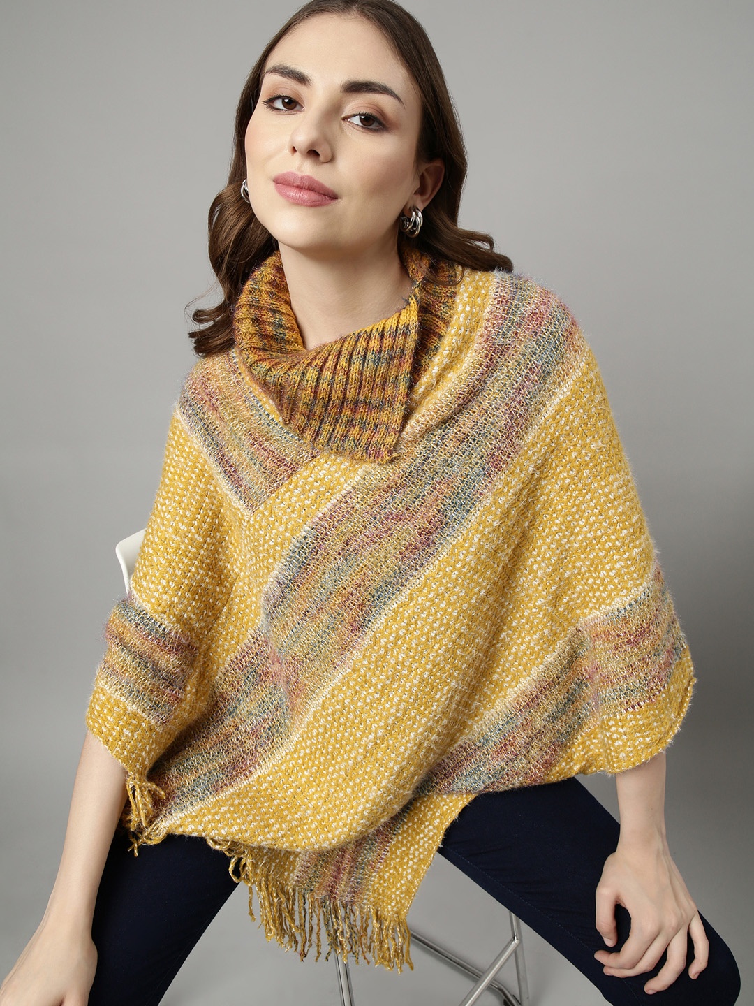 

SHOWOFF Turtle Neck Striped Longline Poncho with Fringed Detail, Yellow