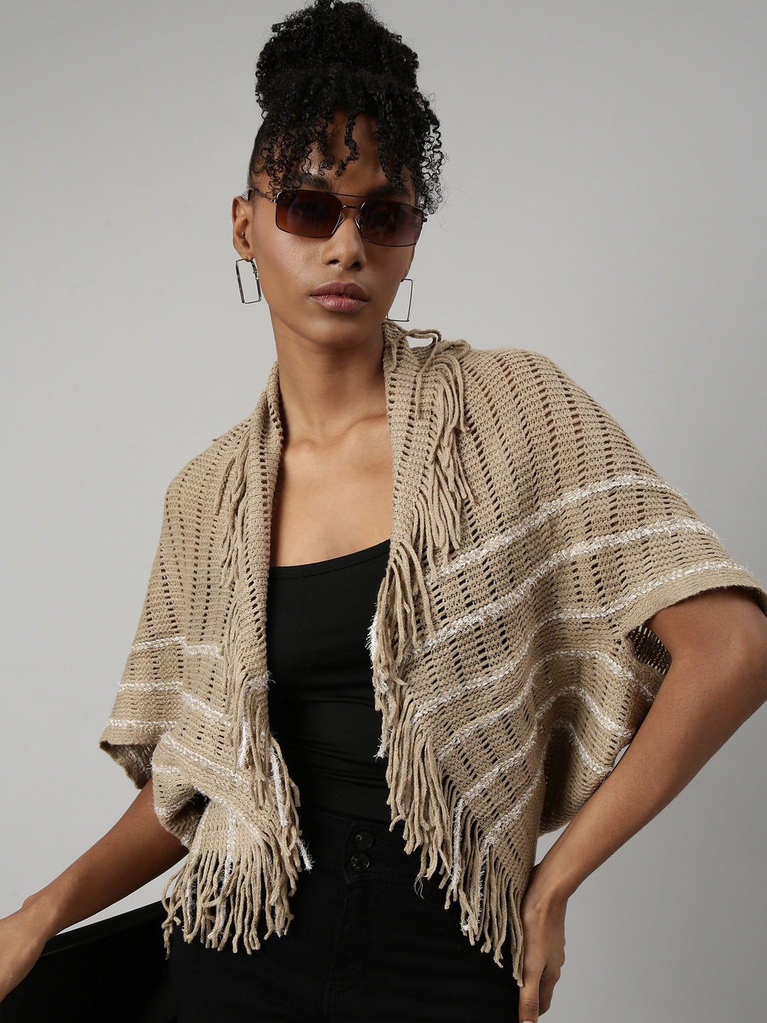 

SHOWOFF Striped Shawl Collar Longline Poncho with Fringed Detail, Khaki