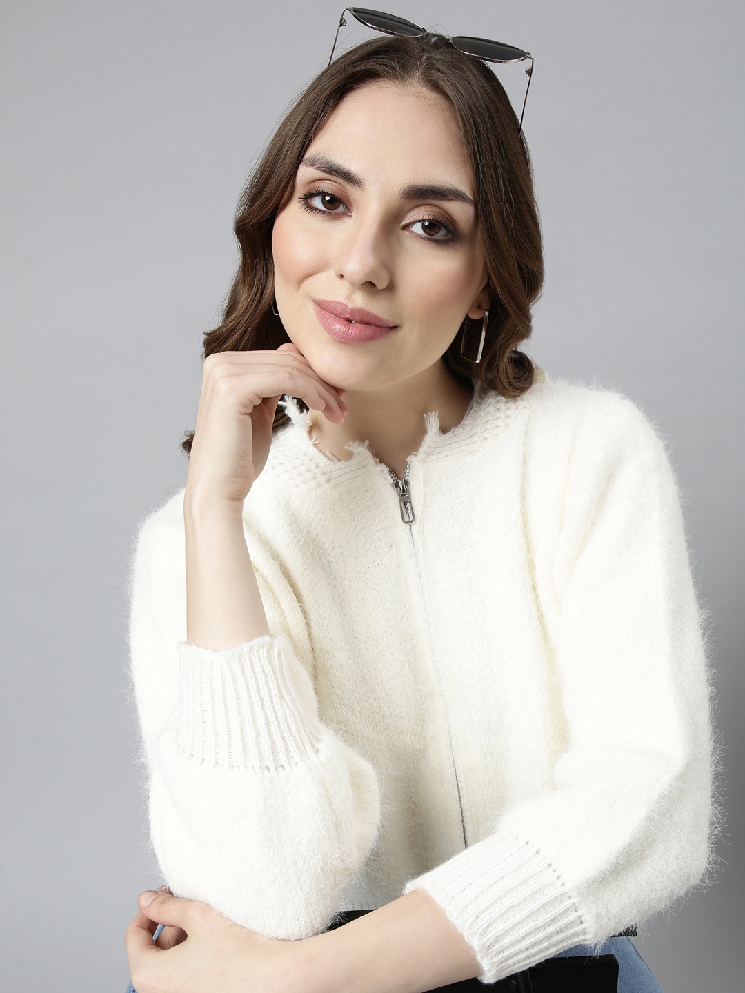 

SHOWOFF Long Sleeves Hoody Crop Cardigan with Fuzzy Detail Sweater, Cream