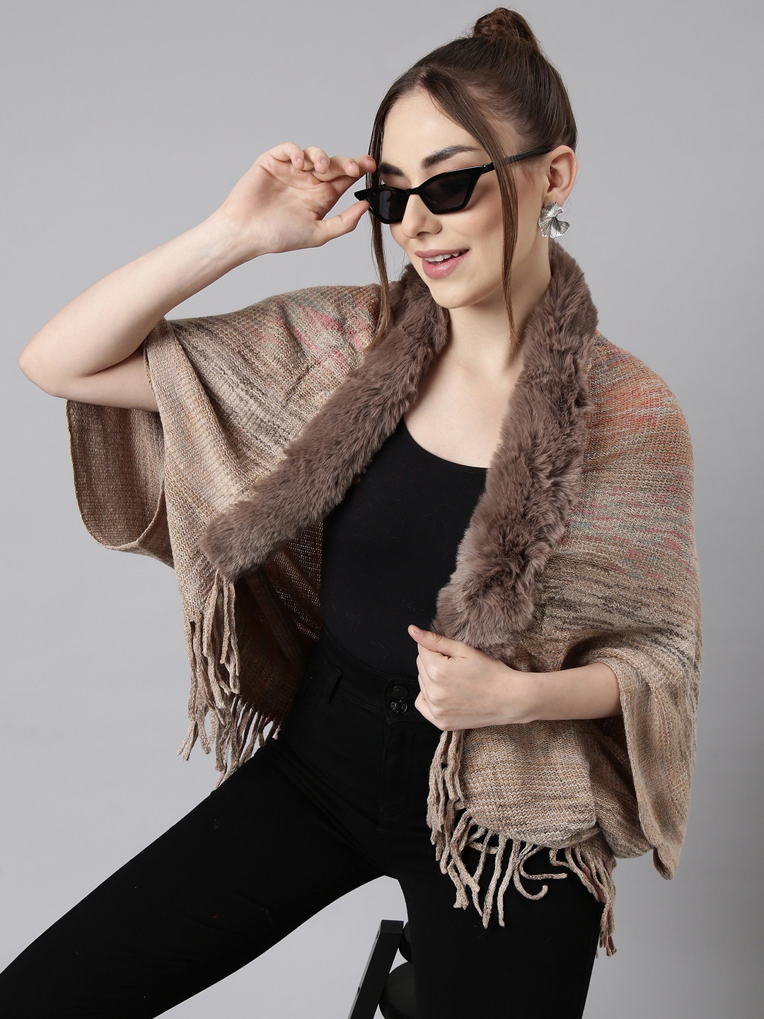 

SHOWOFF Self Design Shawl Collar Acrylic Poncho, Beige