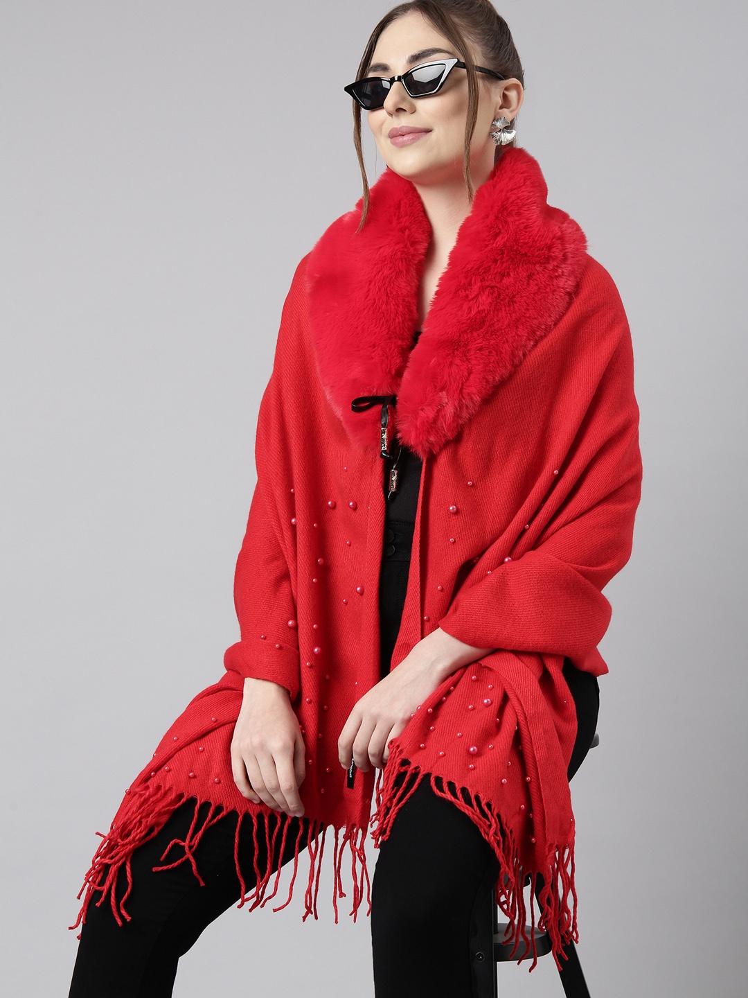 

SHOWOFF Shawl Collar Three-Quarter Sleeves Longline with Fringed Sweater, Red