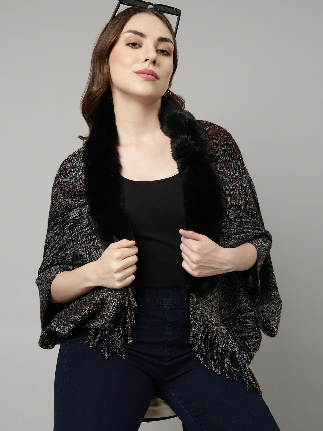 

SHOWOFF Shawl Collar Poncho with Fringed Detail, Black