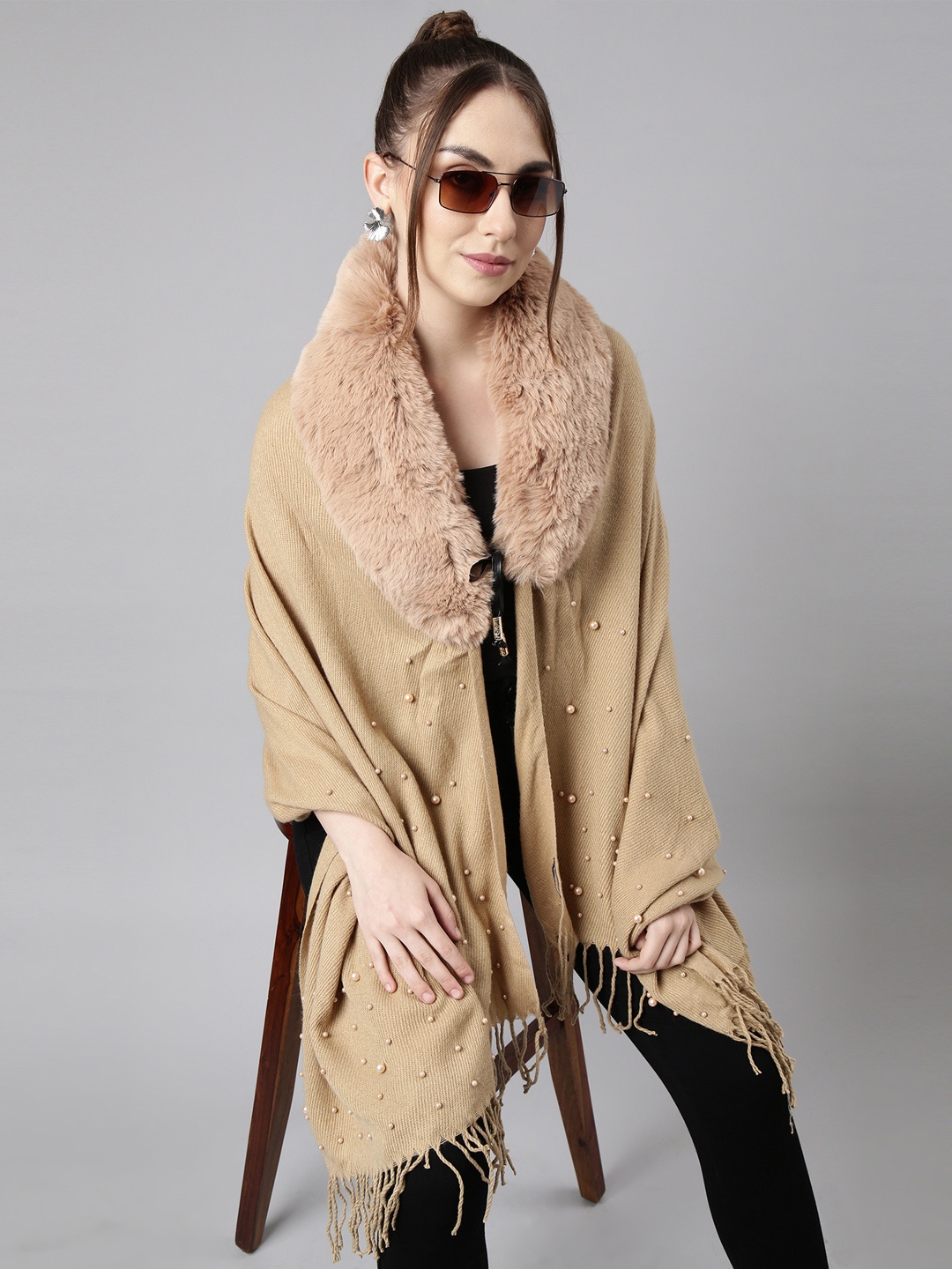 

SHOWOFF Shawl Collar Three-Quarter Sleeves Longline with Fringed Detail, Khaki