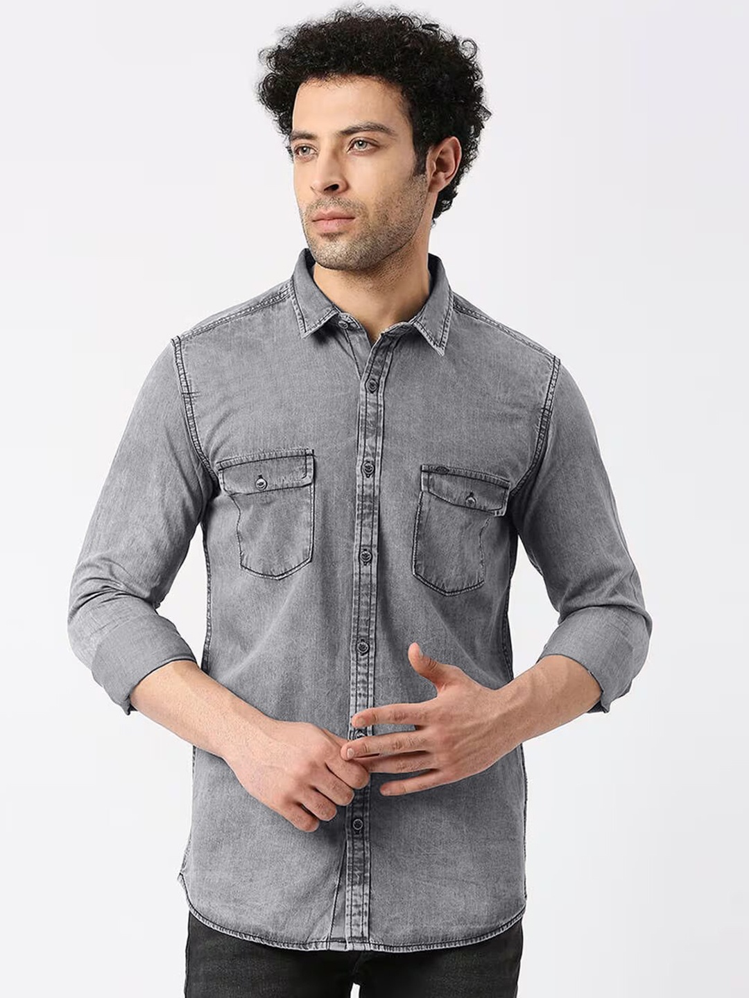 

BAESD Spread Collar Long Sleeves Classic Faded Casual Shirt, Grey