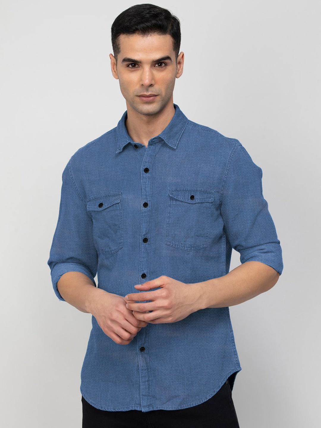 

BAESD Classic Cotton Spread Collar Roll-Up Sleeves Opaque Casual Shirt, Blue