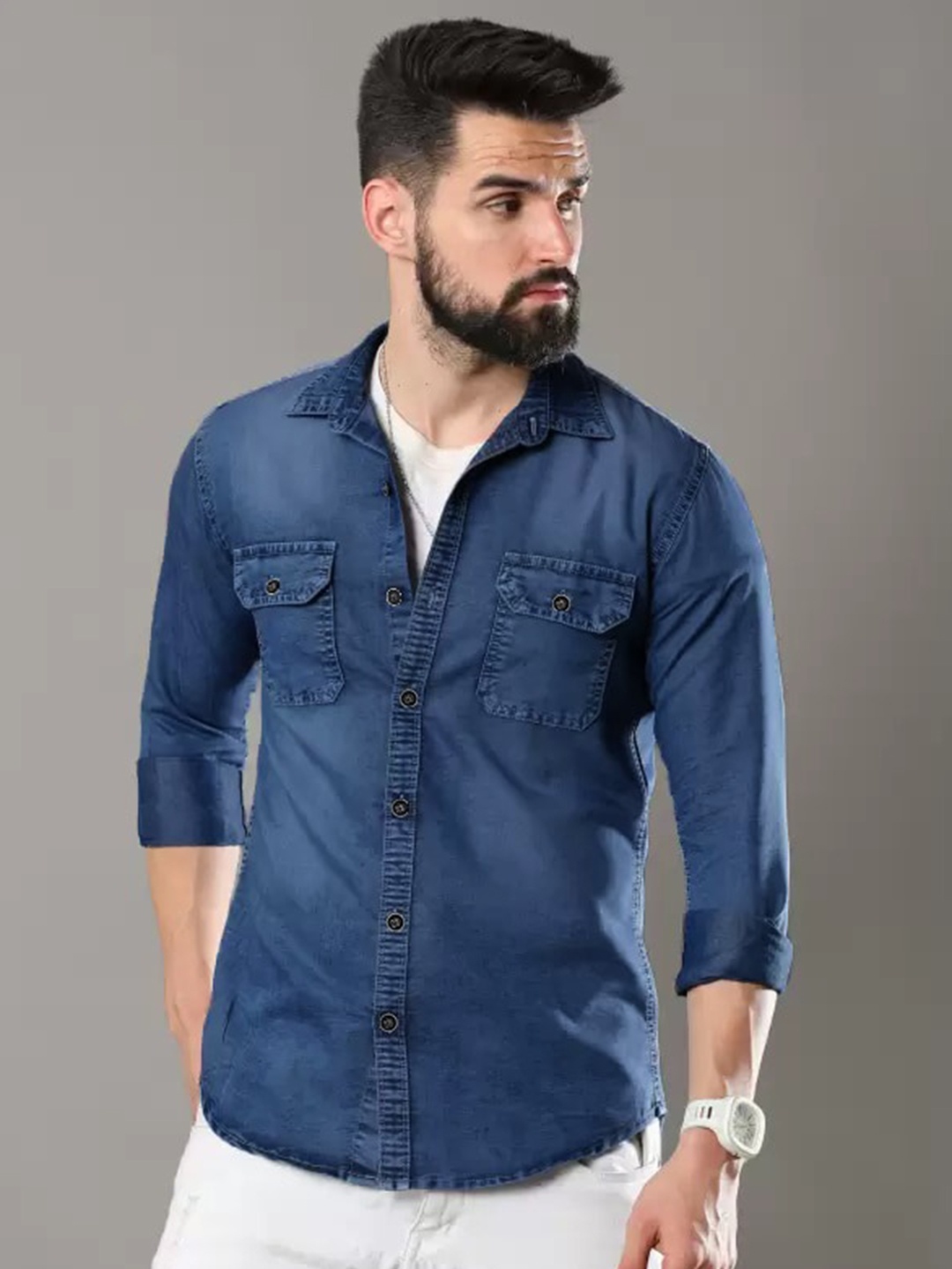 

BAESD Classic Faded Pure Cotton Denim Casual Shirt, Navy blue