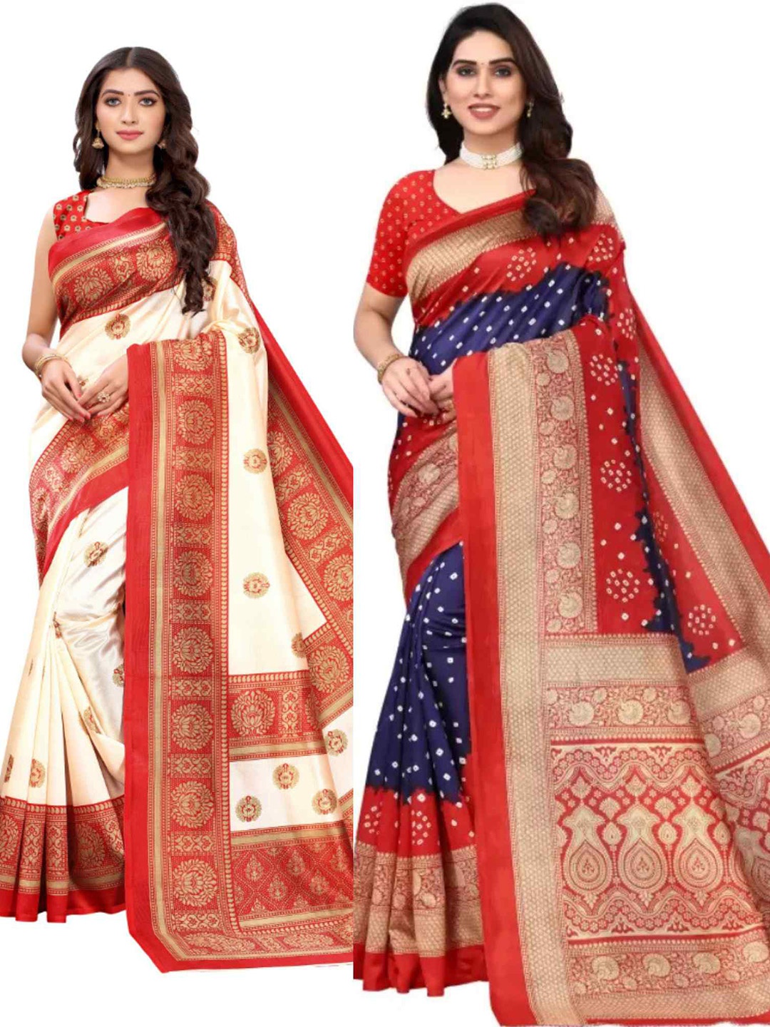 

KALINI Selection of 2 Ethnic Motif Printed Mysore Silk Saree, Red