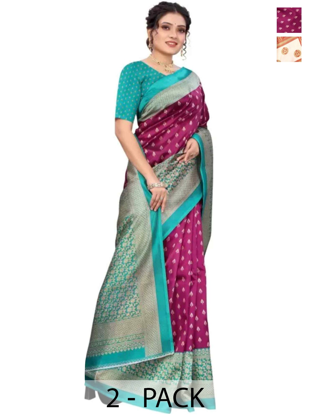 

KALINI Selection of 2 Floral Printed Mysore Silk Zari Saree, White