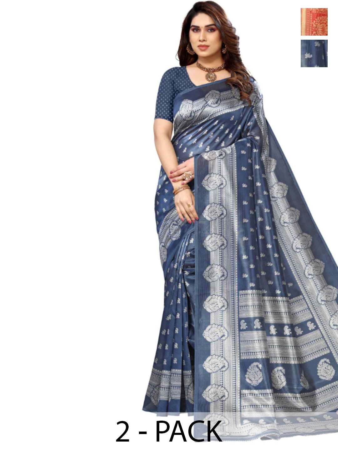 

KALINI Selection of 2 Floral Printed Mysore Silk Saree, Blue