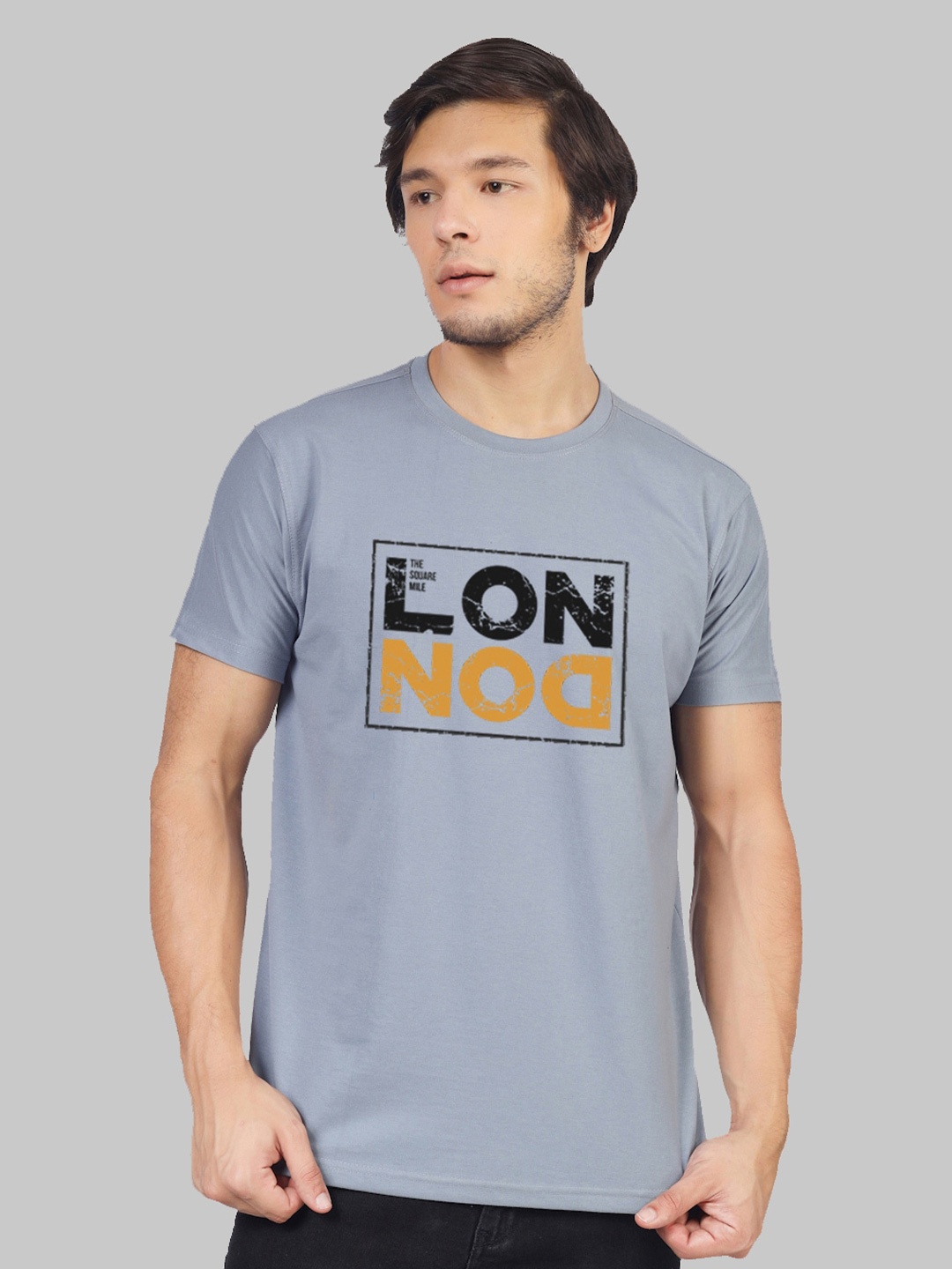 

Greylongg Printed Round Neck Short Sleeves Cotton T-shirt, Grey