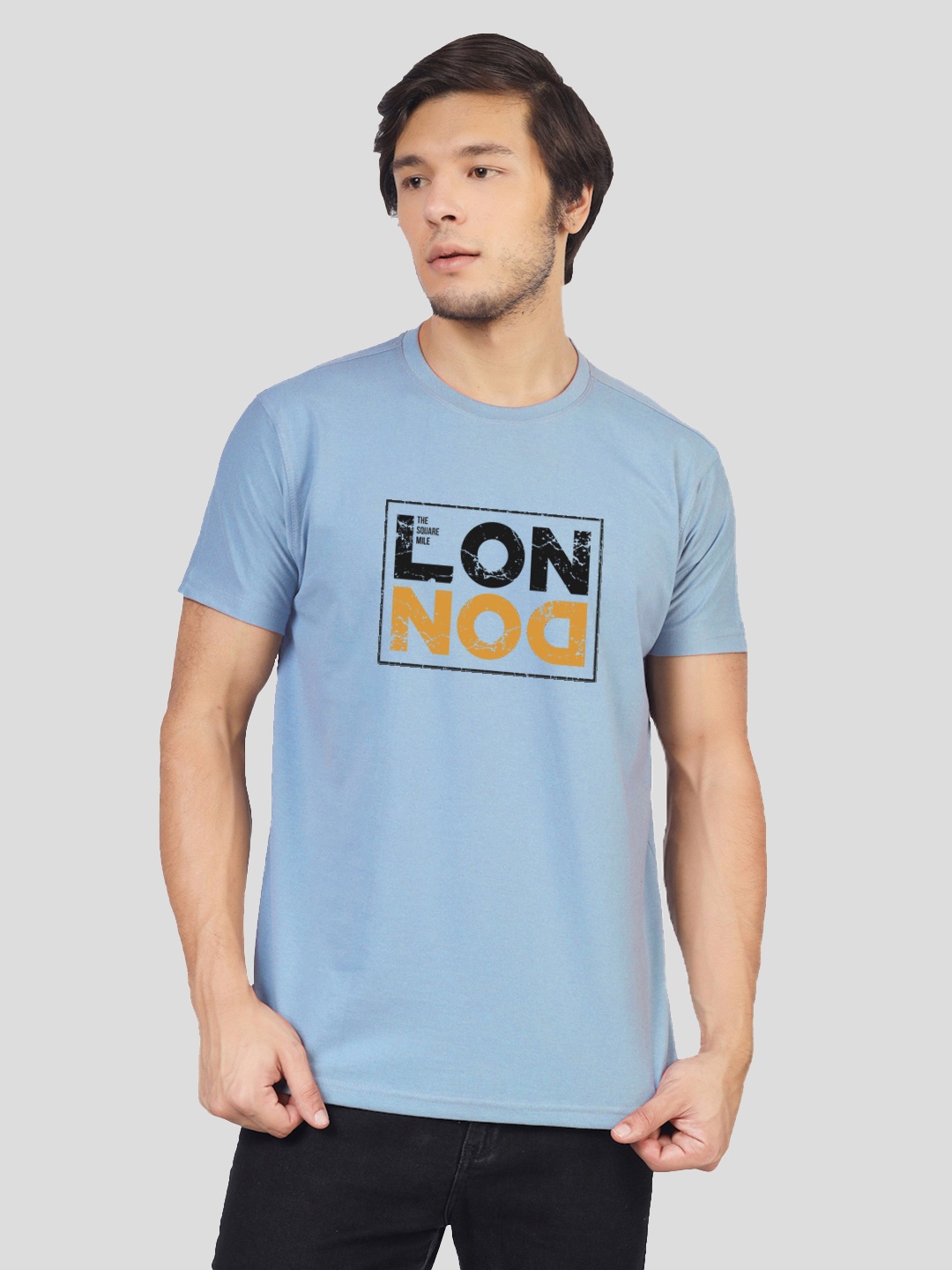 

Greylongg Typography Printed Round Neck Short Sleeves Casual T-shirt, Blue