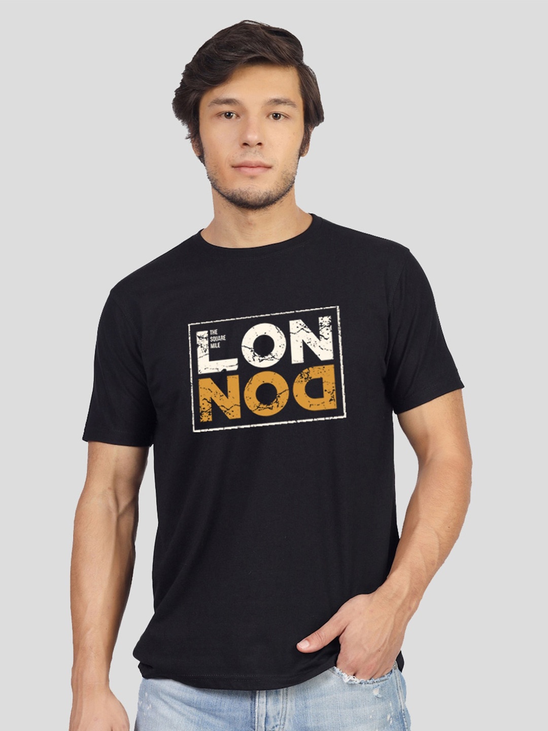 

Greylongg Typography Printed Round Neck Cotton Polo T-shirt, Black