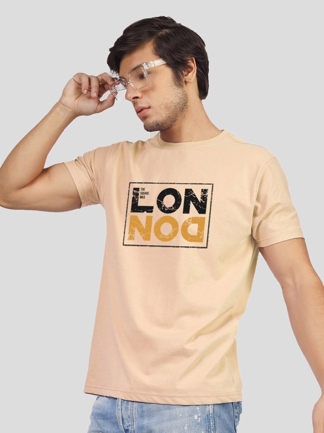 

Greylongg Printed Round Neck Short Sleeves Applique Cotton T-shirt, Beige