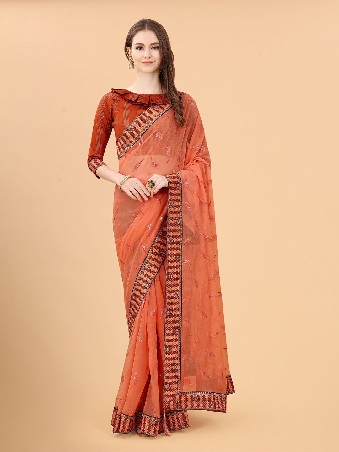 

Avojee Floral Printed Embroidered Saree, Orange