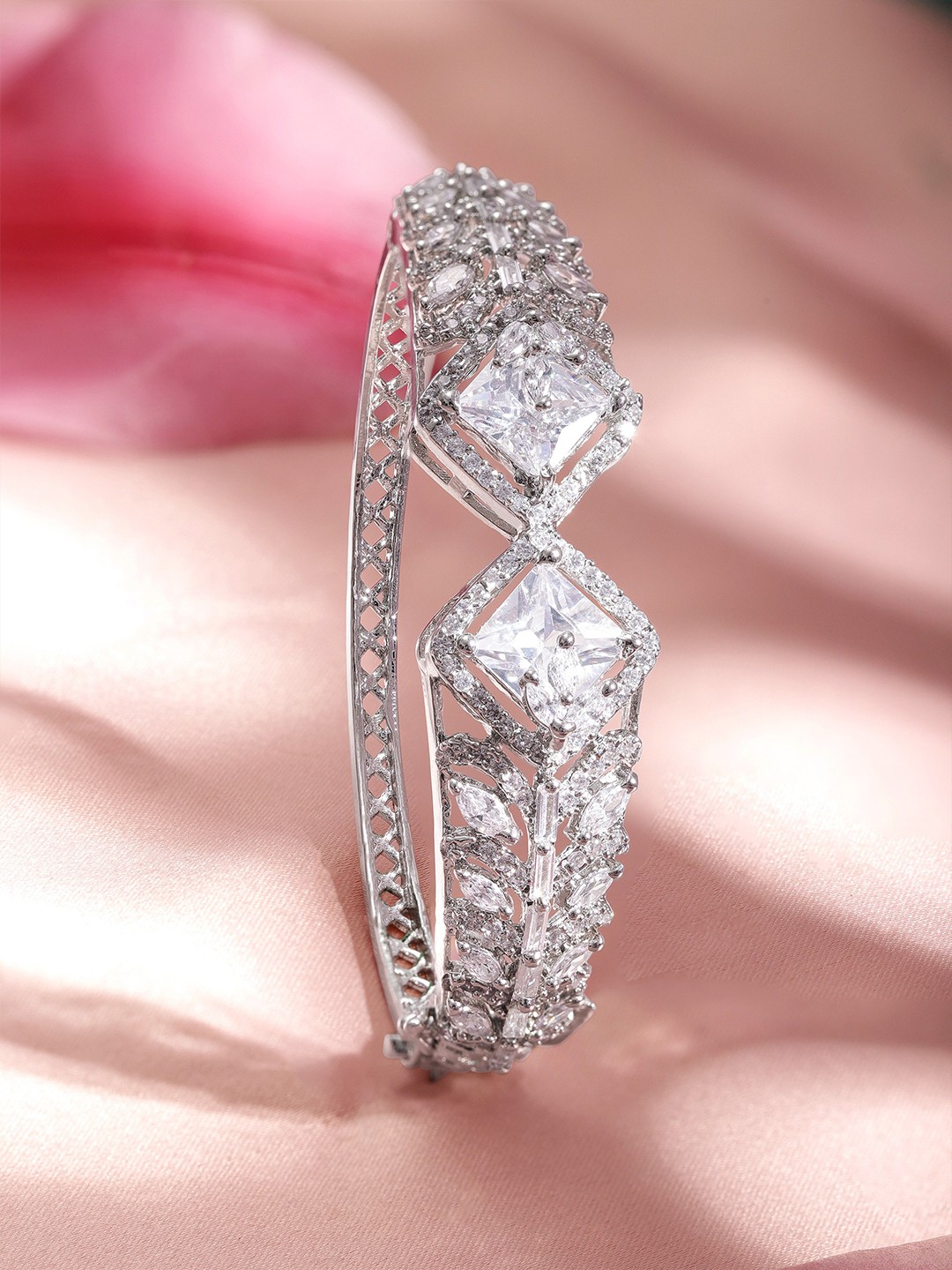

Rubans Women Rhodium-Plated Cubic Zirconia Studded Bangle-Style Bracelet, Silver