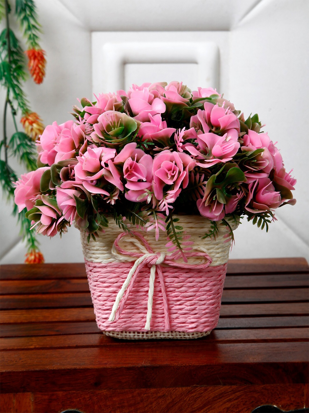 

FOLIYAJ Pink & Green Artificial Rose Flowers With Pot