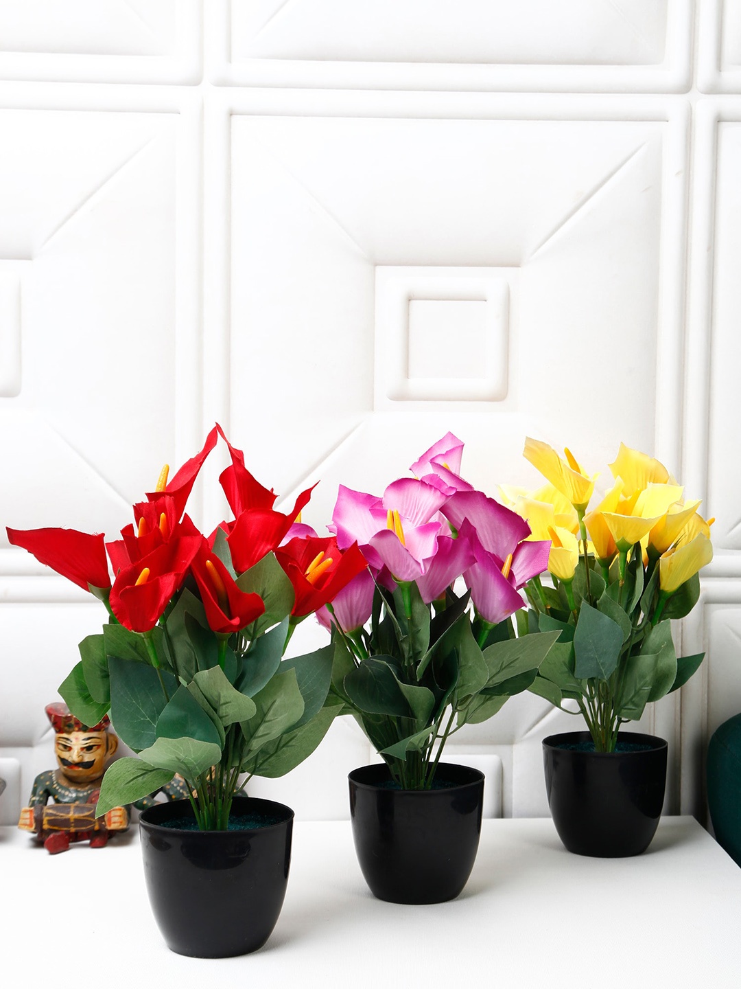 

FOLIYAJ Red & Yellow 3 Pieces Artificial Flowers and Plants With Pot