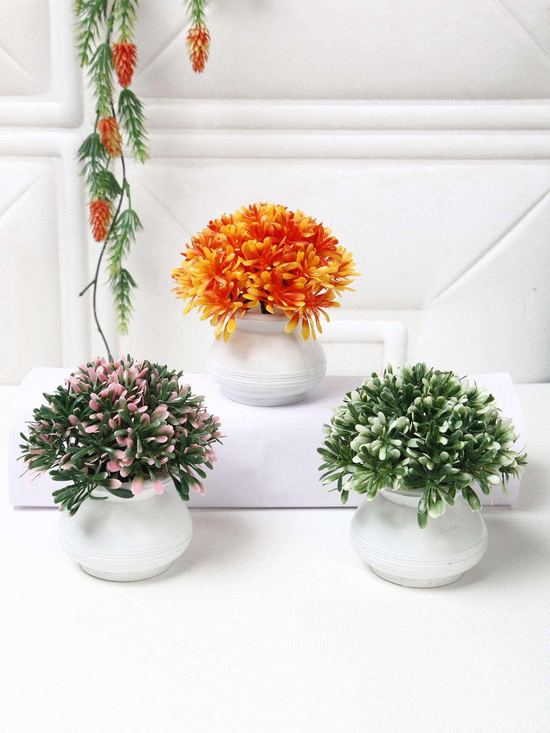 

FOLIYAJ Green & Orange 3 Pieces Artificial Flowers With Pots