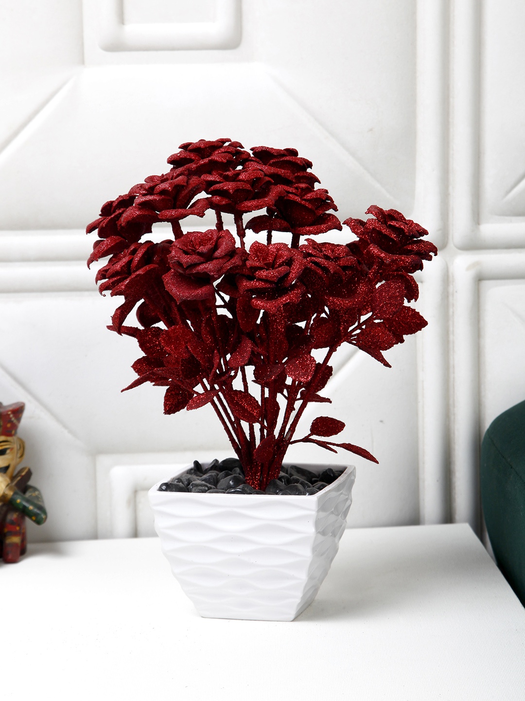

FOLIYAJ Red & White Rose Artificial Flowers With Pot