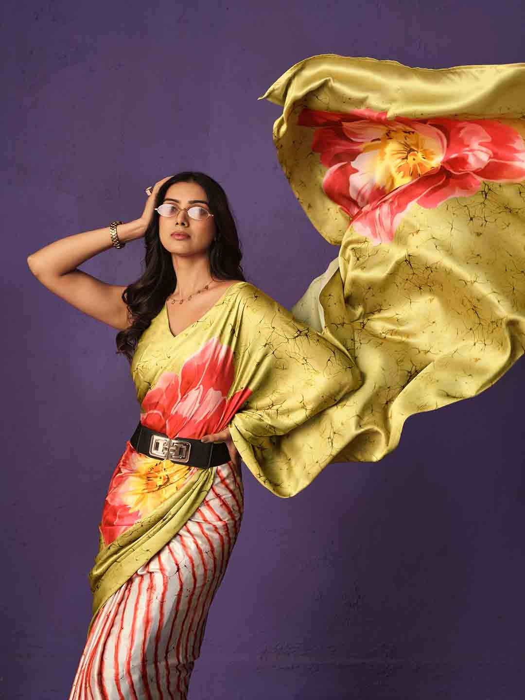 

Sangria Floral Digital Printed Satin Saree, Pink