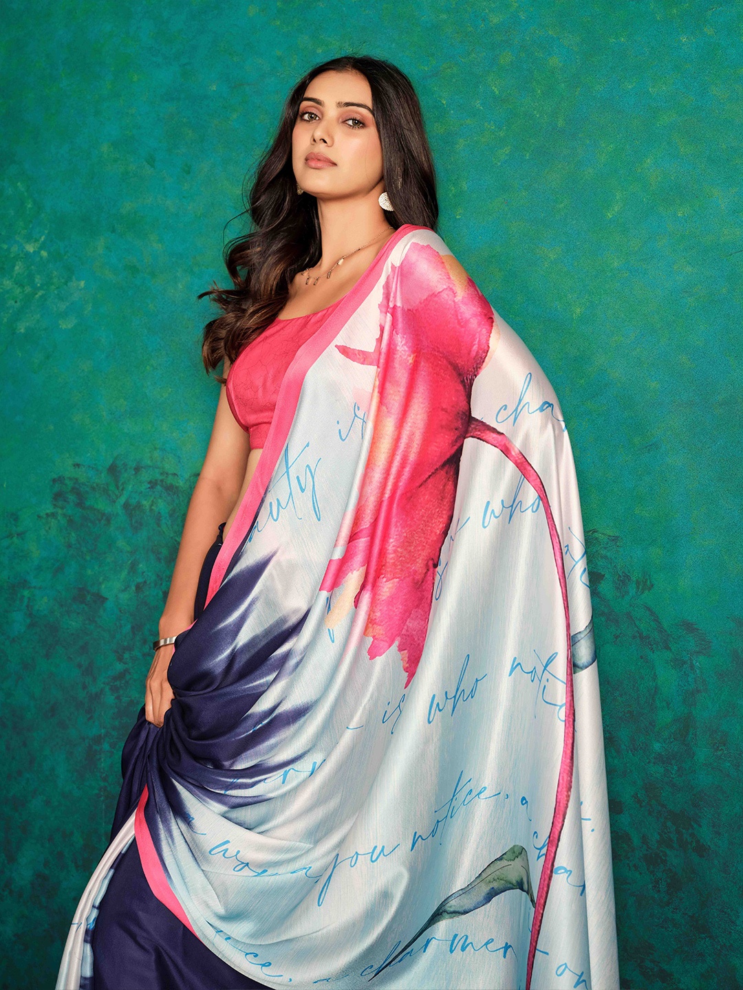 

Sangria Printed Satin Saree, Navy blue