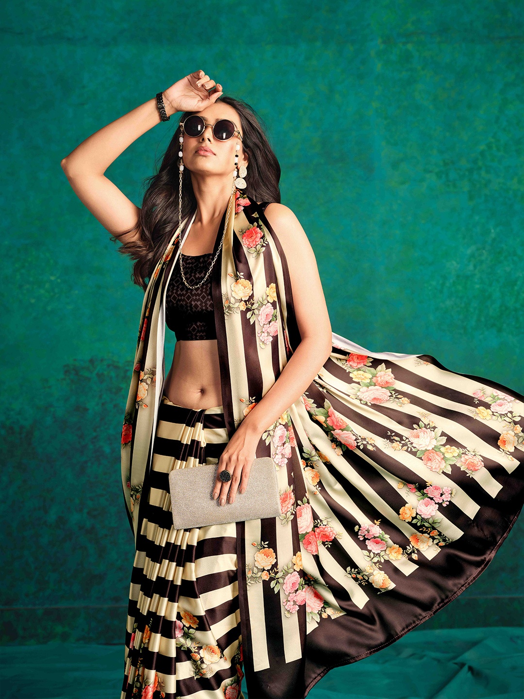 

Sangria Striped Floral Printed Satin Saree, Brown