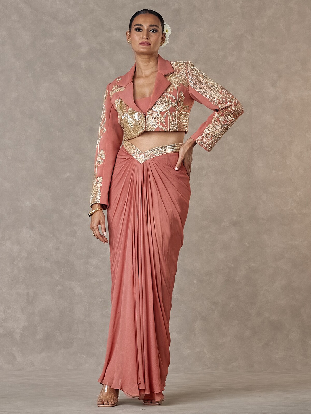 

Masaba Son-Chidiya Embellished Cropped Blazer & Top With Drape Skirt, Brown