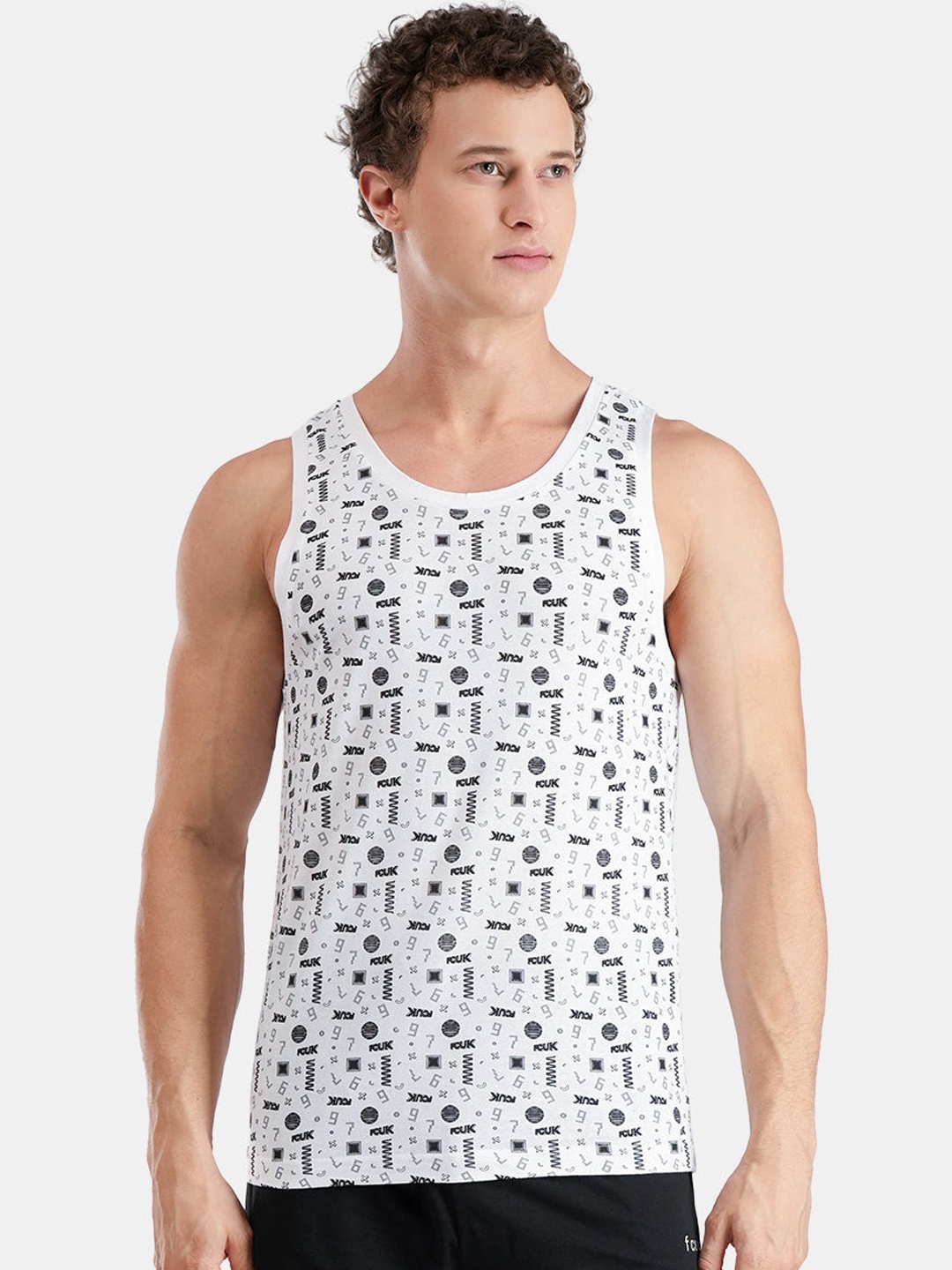 

FCUK Printed Cotton Antimicrobial Lounge Vest, White