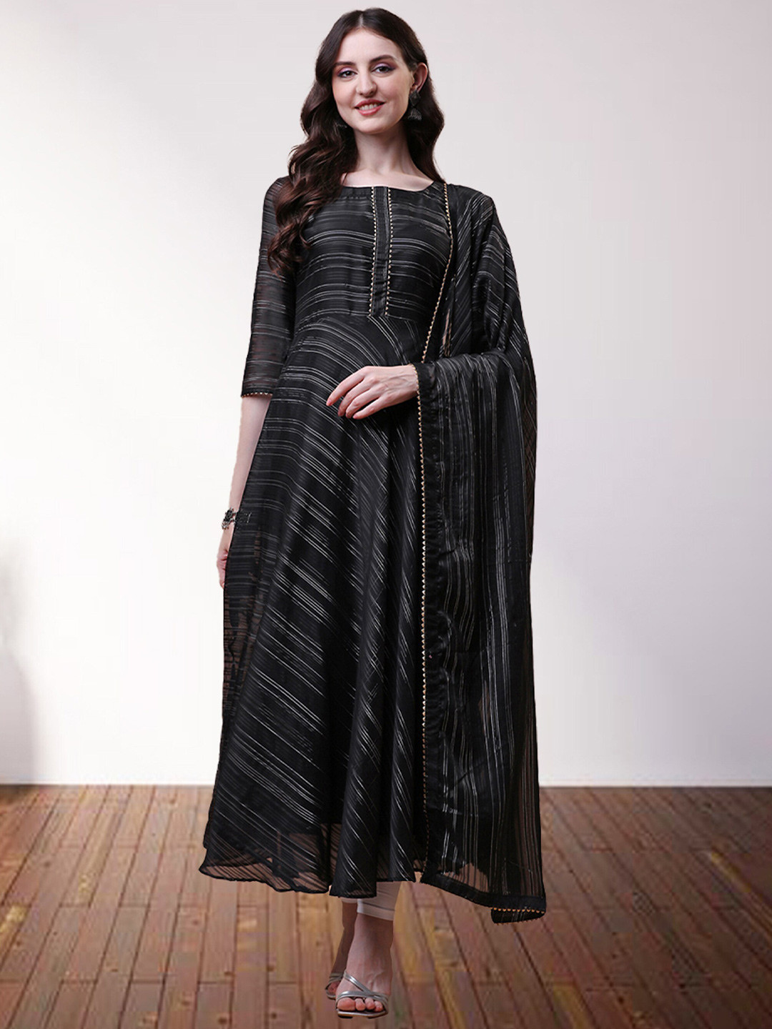 

N N ENTERPRISE Striped Regular Gotta Patti Silk Georgette Kurta with Pyjamas & Dupatta, Black