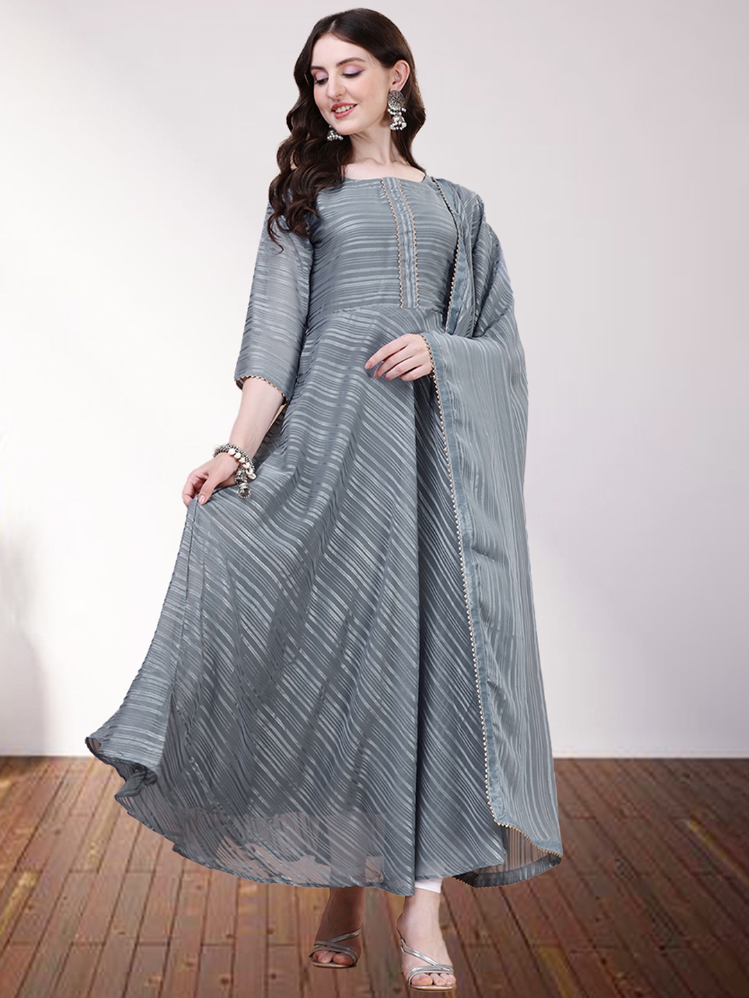 

N N ENTERPRISE Striped Regular Gotta Patti Silk Georgette Kurta with Trousers & Dupatta, Grey