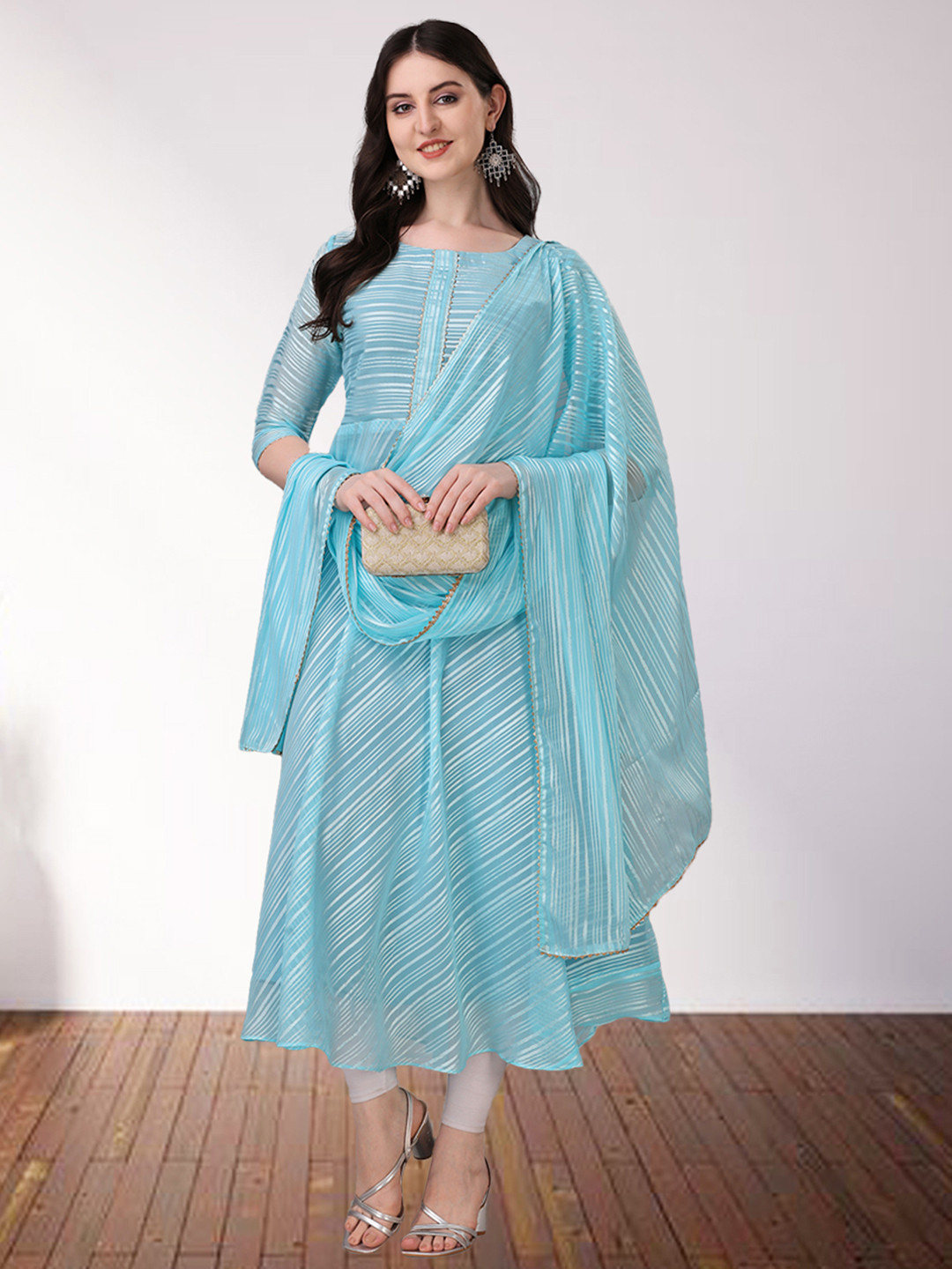 

N N ENTERPRISE Striped Empire Silk Georgette Kurta with Pyjamas & With Dupatta, Turquoise blue