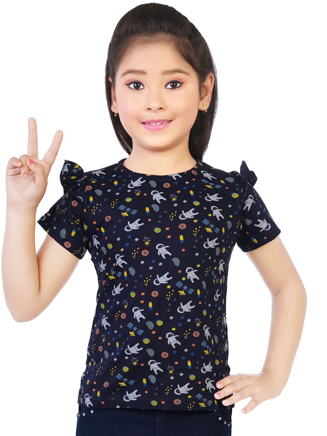 

CELEBRITY CLUB Floral Printed Round Neck Short Sleeves Cold-Shoulder Top, Navy blue
