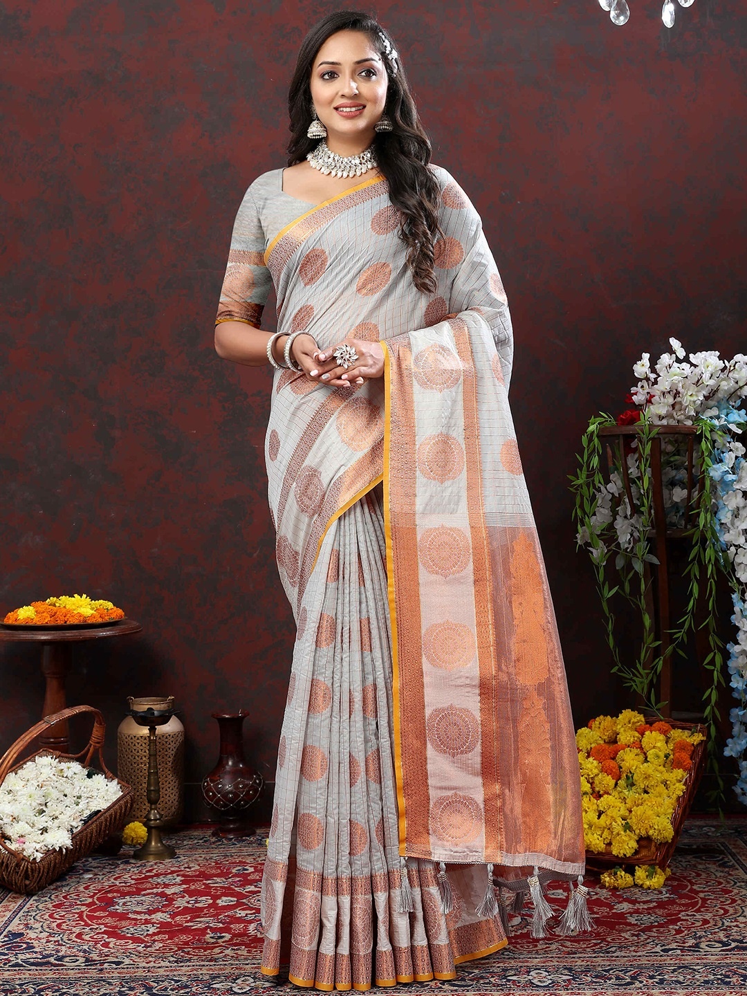 

ZILVIRA Ethnic Motifs Woven Design Zari Pure Cotton Banarasi Saree, Grey