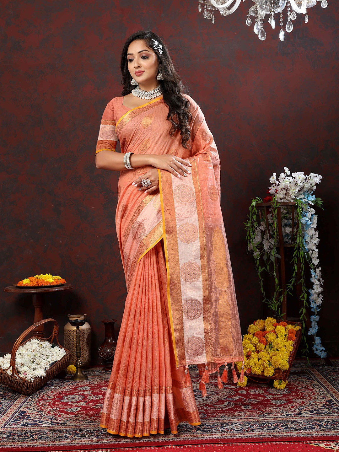 

ZILVIRA Ethnic Motifs Woven Design Zari Pure Cotton Banarasi Saree, Peach