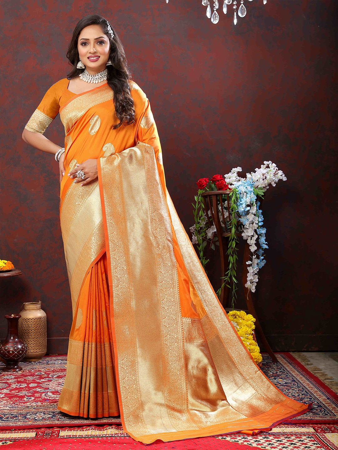 

ZILVIRA Woven Design Ethnic Motifs Zari Pure Silk Banarasi Saree, Orange