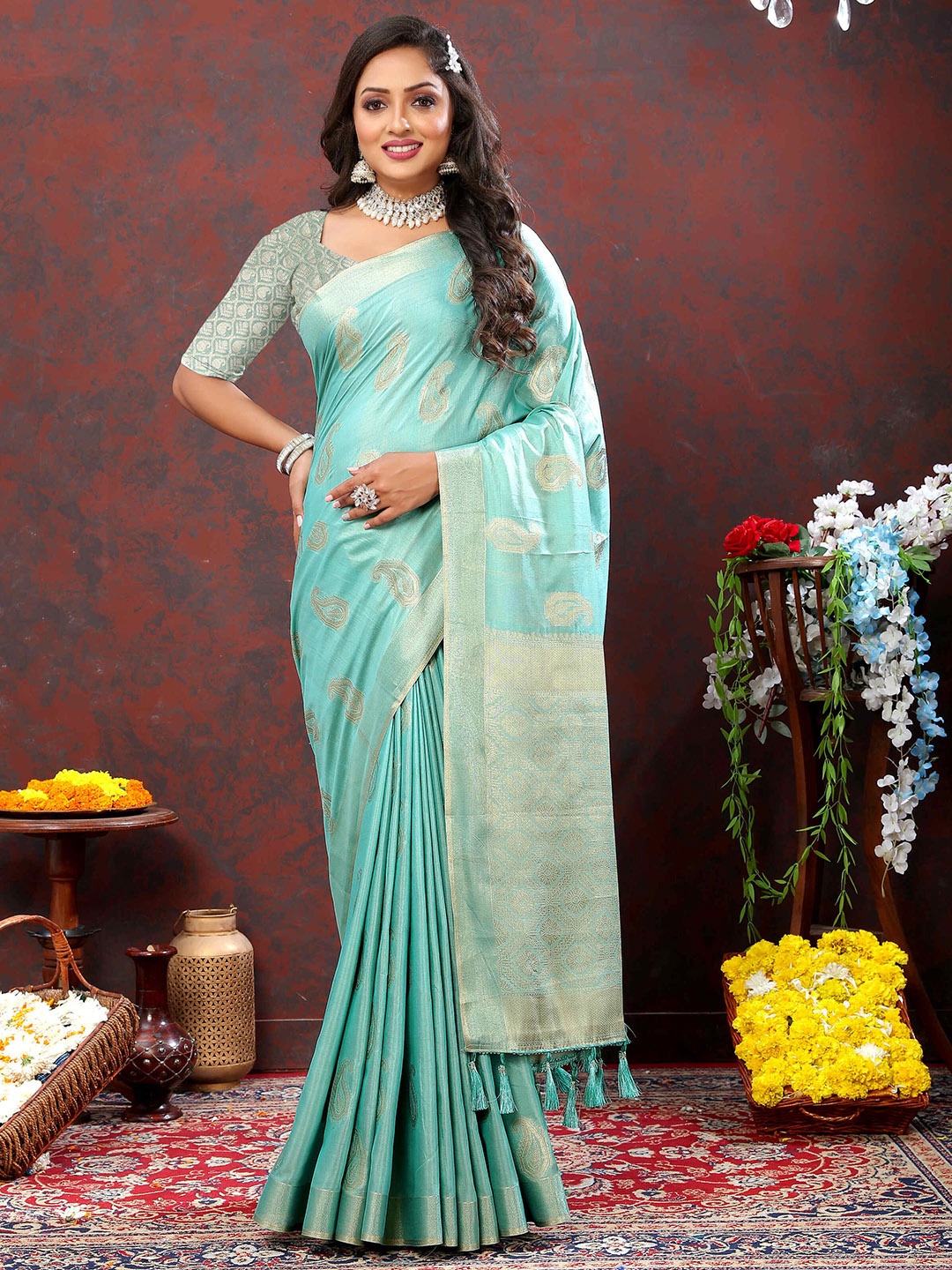 

ZILVIRA Woven Design Ethnic Motifs Zari Pure Cotton Banarasi Saree, Blue
