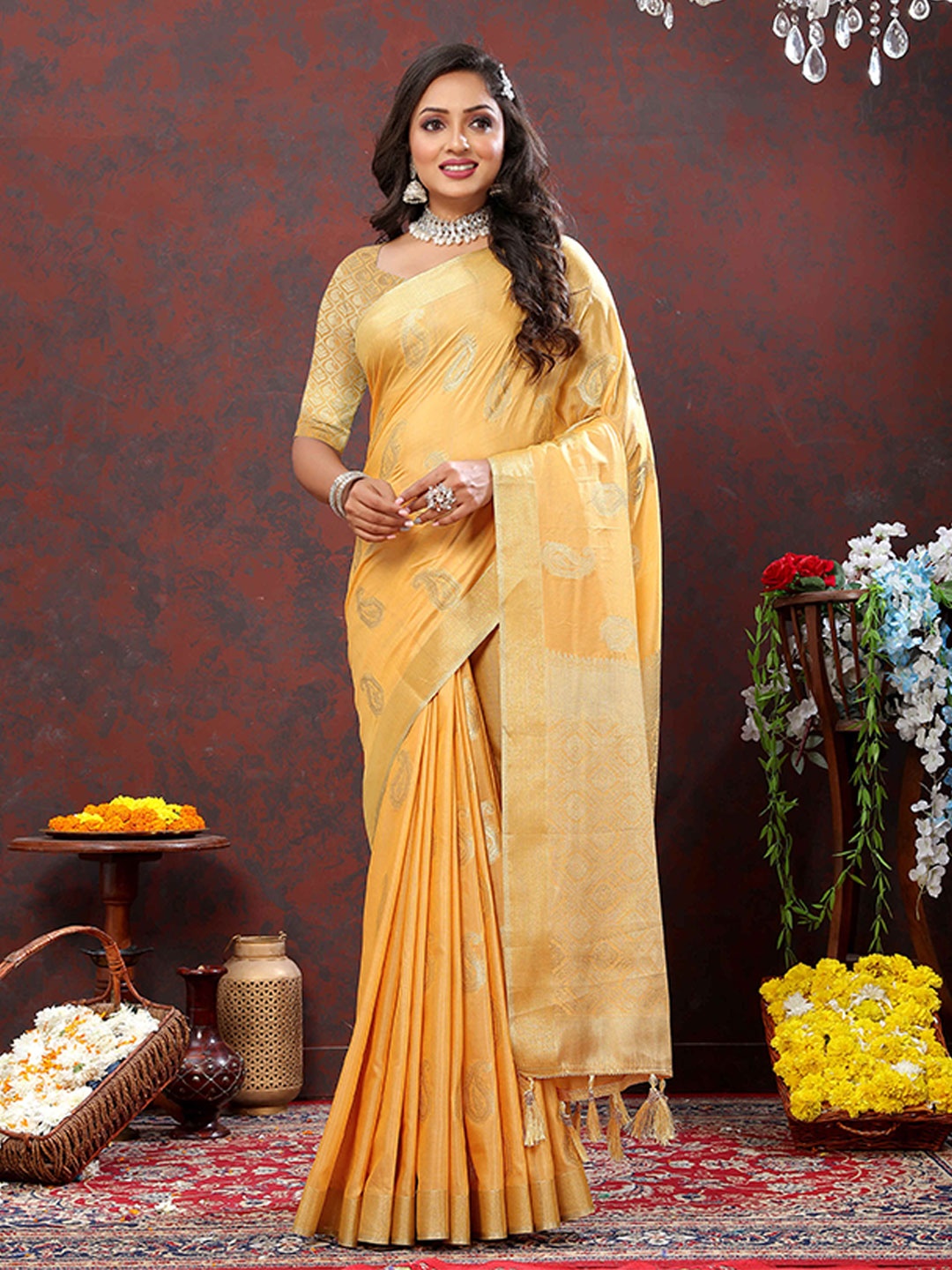 

ZILVIRA Paisley Woven Design Zari Pure Cotton Banarasi Saree, Yellow