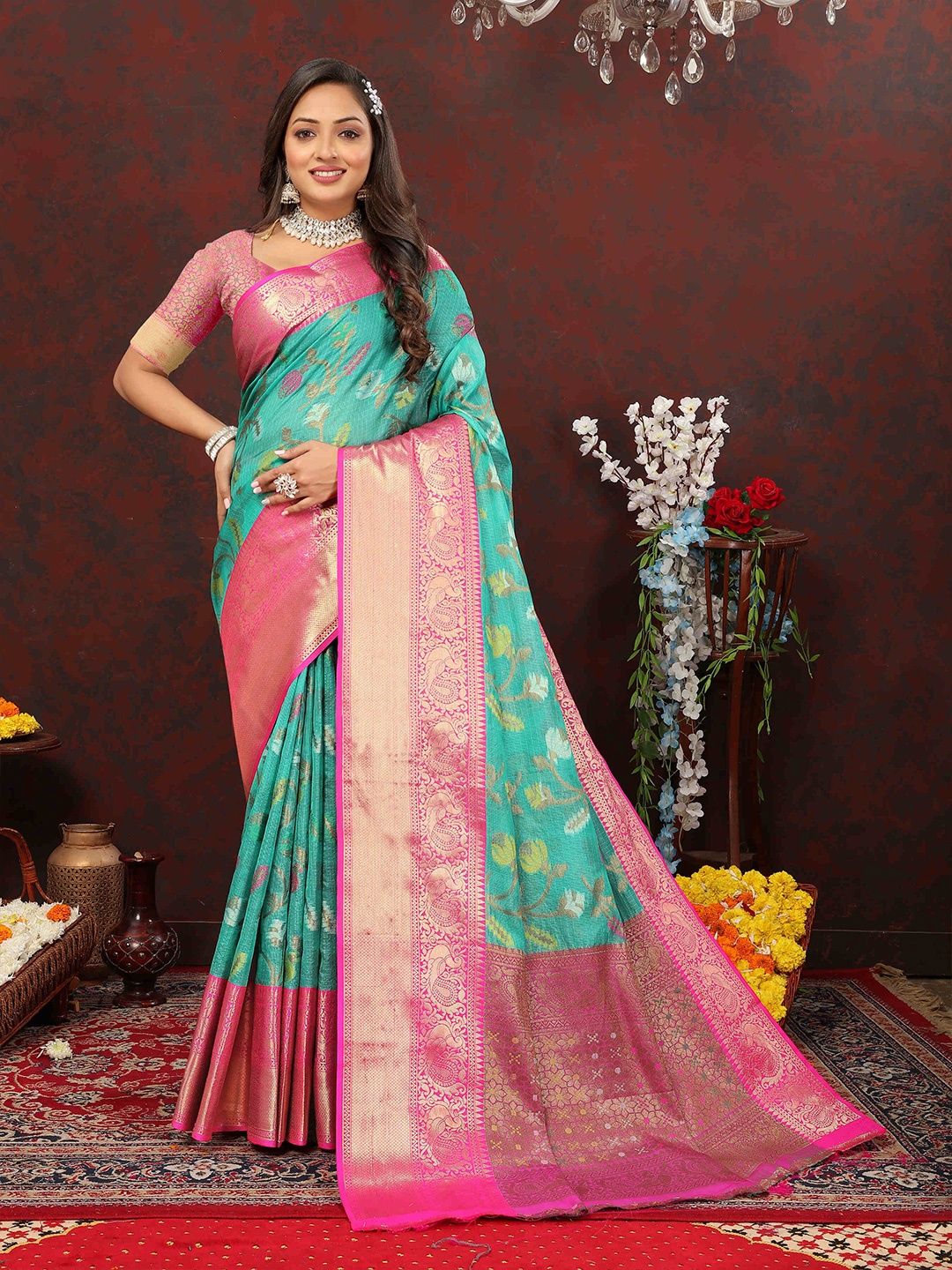 

ZILVIRA Woven Design Ethnic Motifs Zari Pure Cotton Banarasi Saree, Green