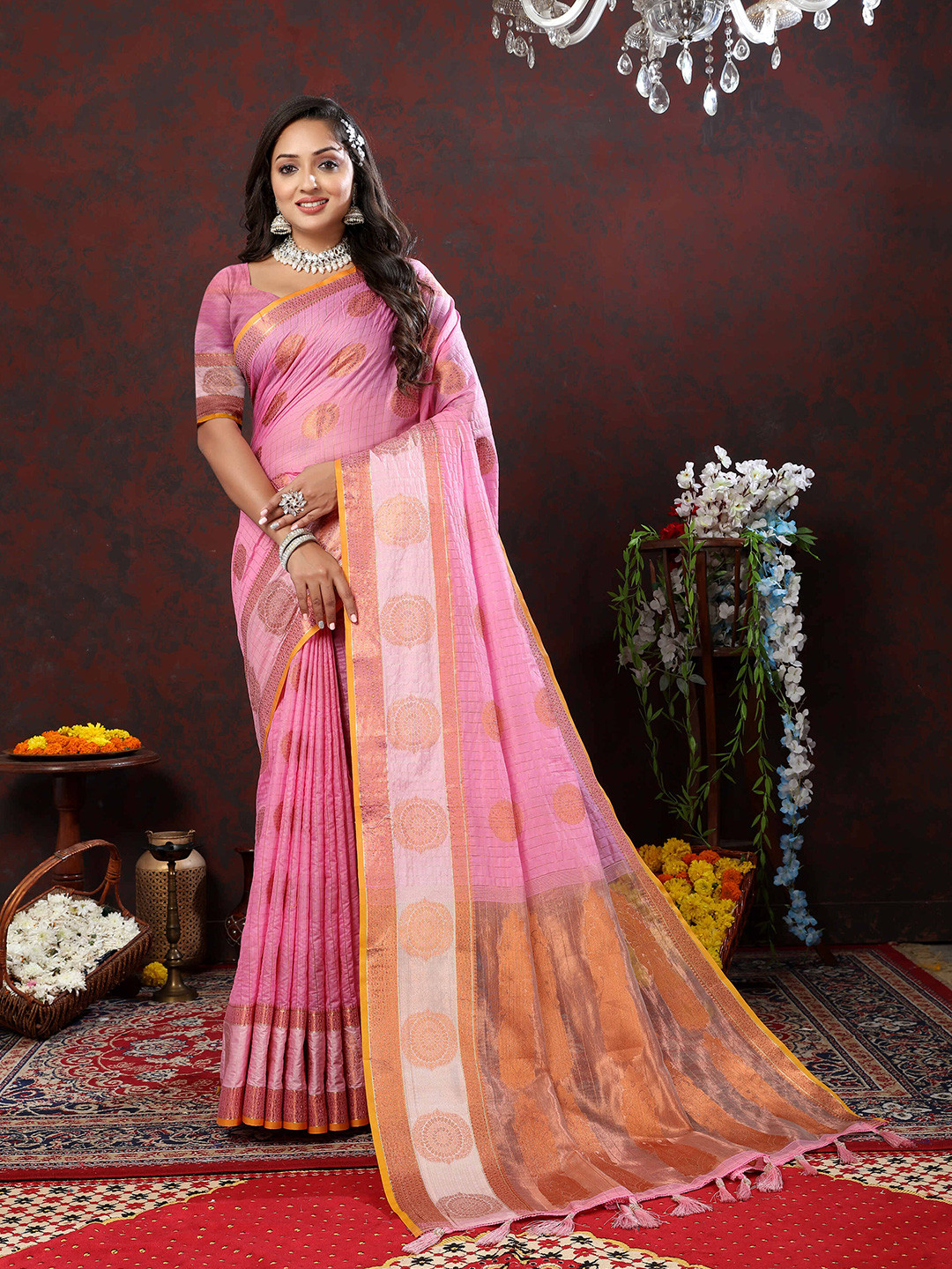 

ZILVIRA Woven Design Zari Pure Cotton Banarasi Saree With Tassels, Pink