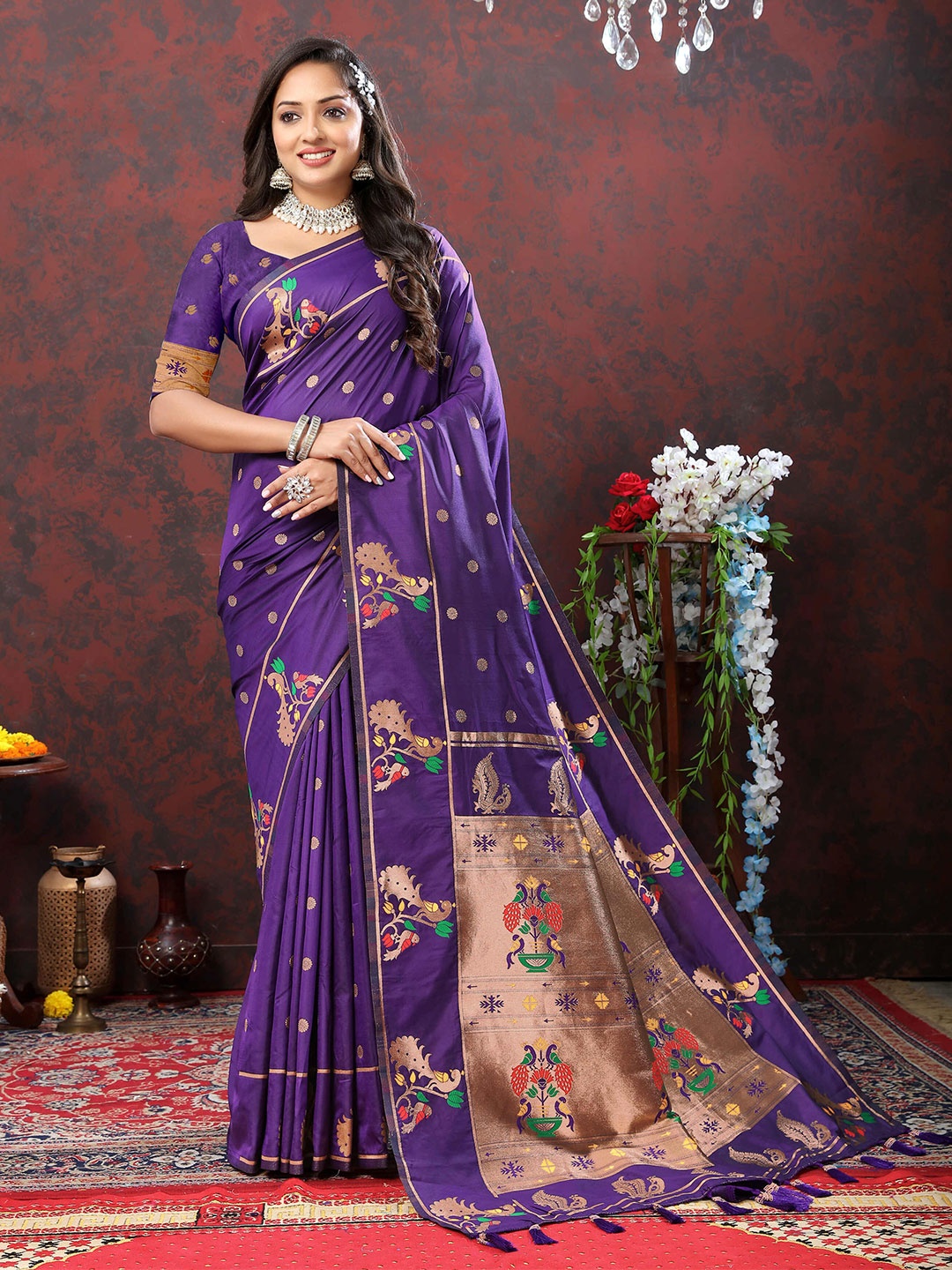 

ZILVIRA Woven Design Ethnic Motifs Zari Pure Silk Paithani Saree, Violet