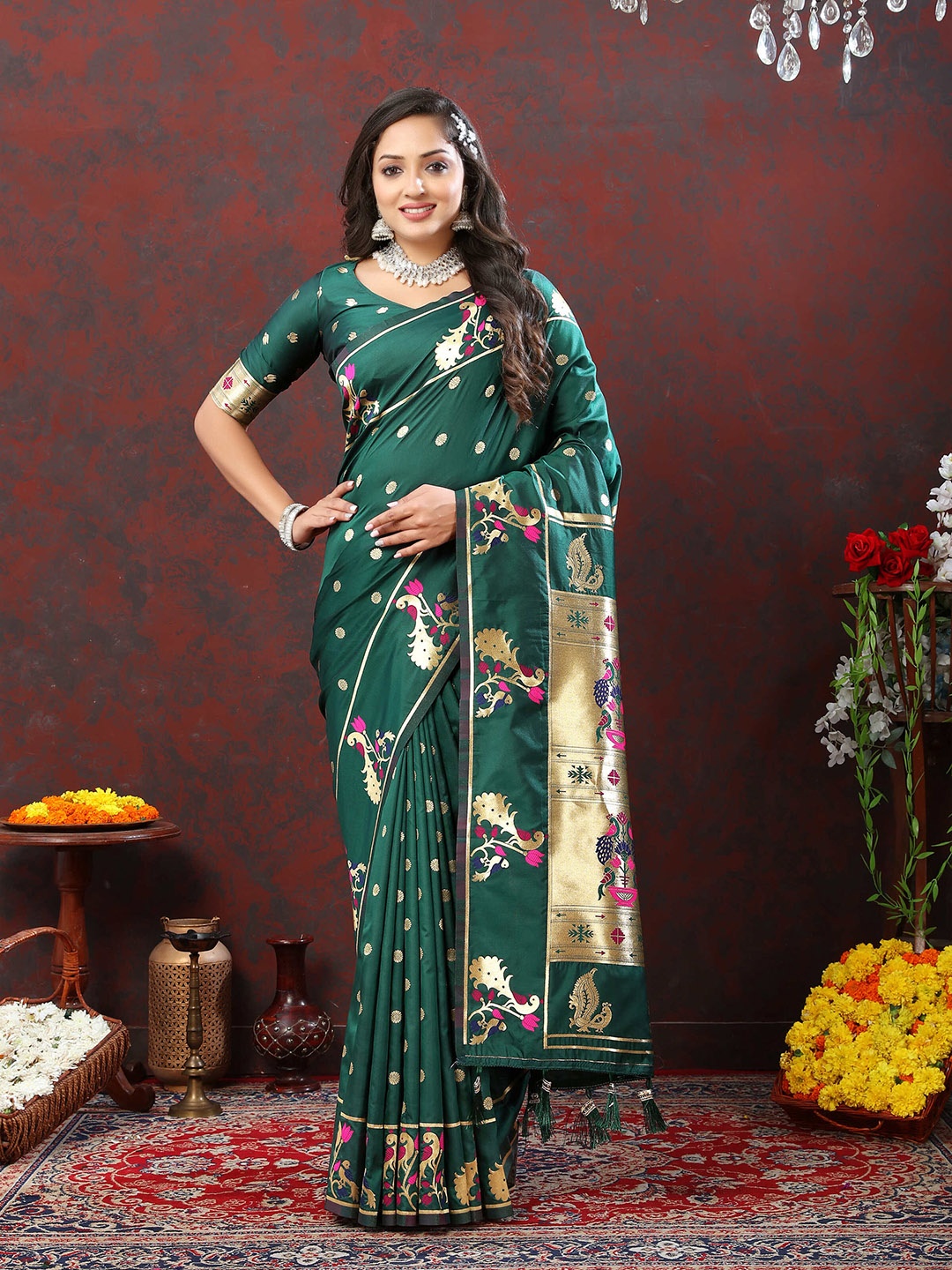 

ZILVIRA Ethnic Motifs Zari Pure Silk Paithani Saree, Green