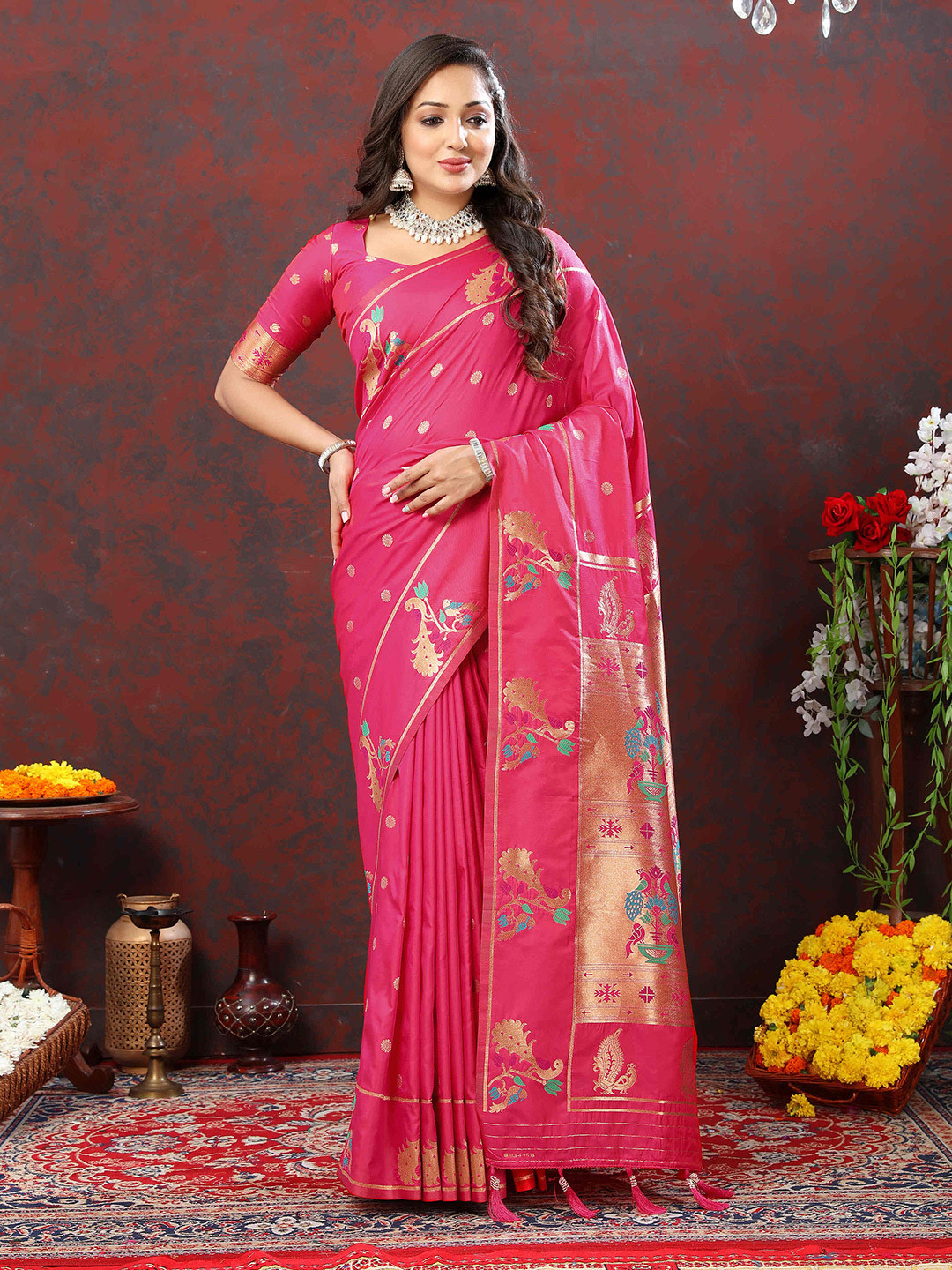

ZILVIRA Woven Design Ethnic Motifs Zari Pure Silk Paithani Saree, Pink