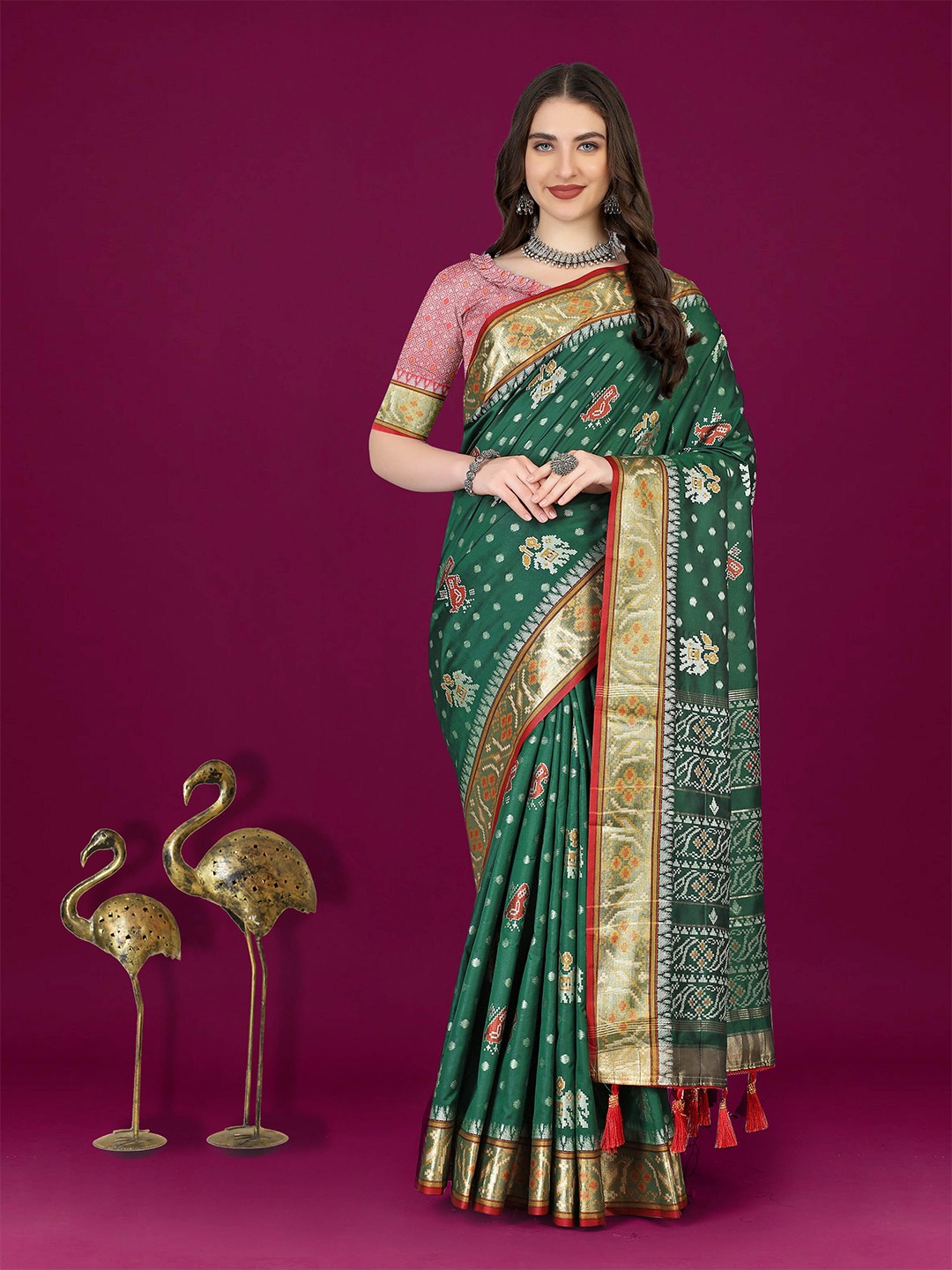 

ZILVIRA Woven Design Ethnic Motifs Zari Pure Silk Patola Saree With Tassels, Green