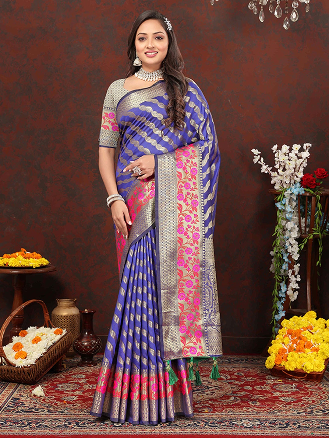 

ZILVIRA Ethnic Motifs Woven Design Zari Leheriya Saree, Blue