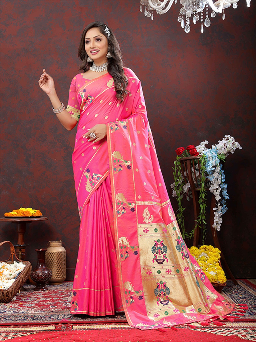 

ZILVIRA Ethnic Motifs Woven Design Zari Pure Silk Paithani Saree, Pink