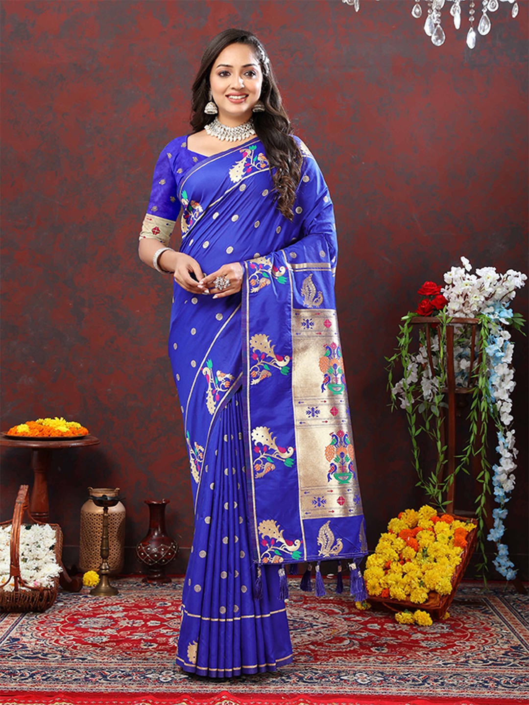 

ZILVIRA Ethnic Motifs Woven Design Zari Pure Silk Paithani Saree, Blue