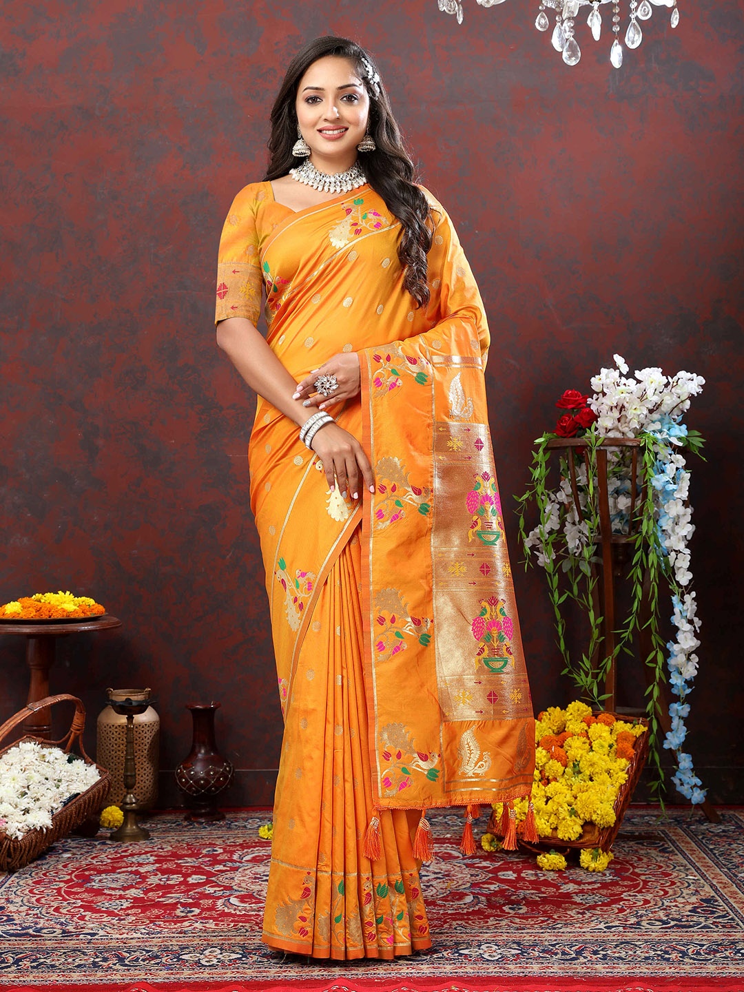 

ZILVIRA Ethnic Motifs Zari Pure Silk Paithani Saree, Orange