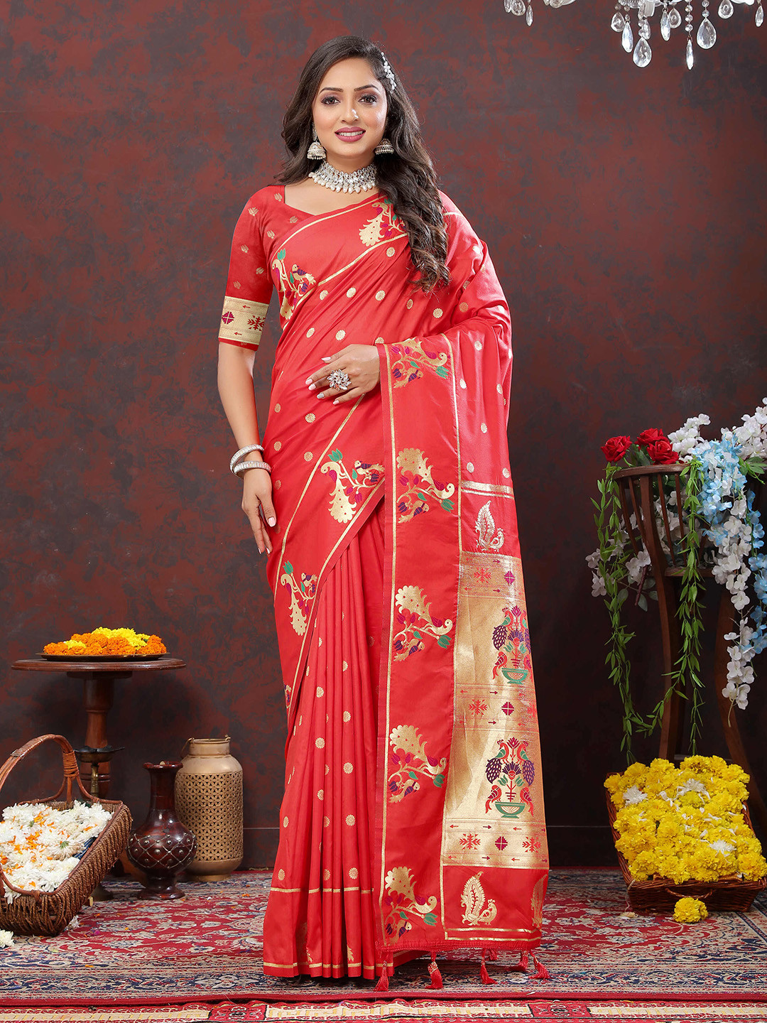 

ZILVIRA Woven Design Ethnic Motifs Zari Pure Silk Paithani Saree With Tessels, Red