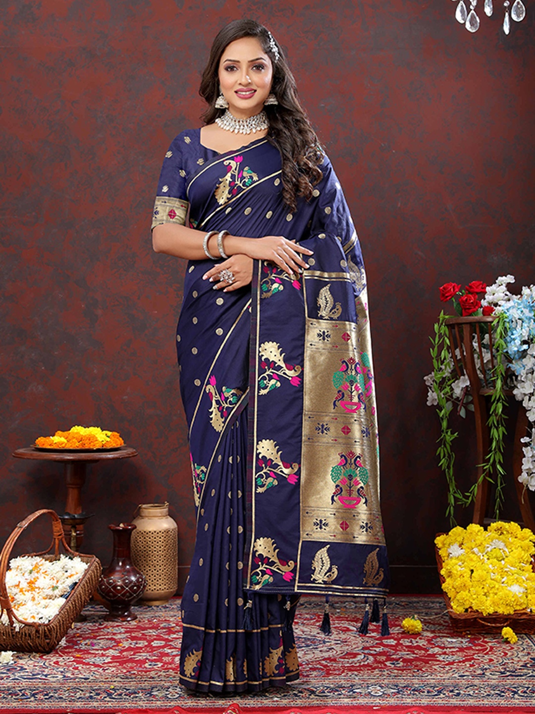 

ZILVIRA Woven Design Zari Pure Silk Paithani Saree, Navy blue